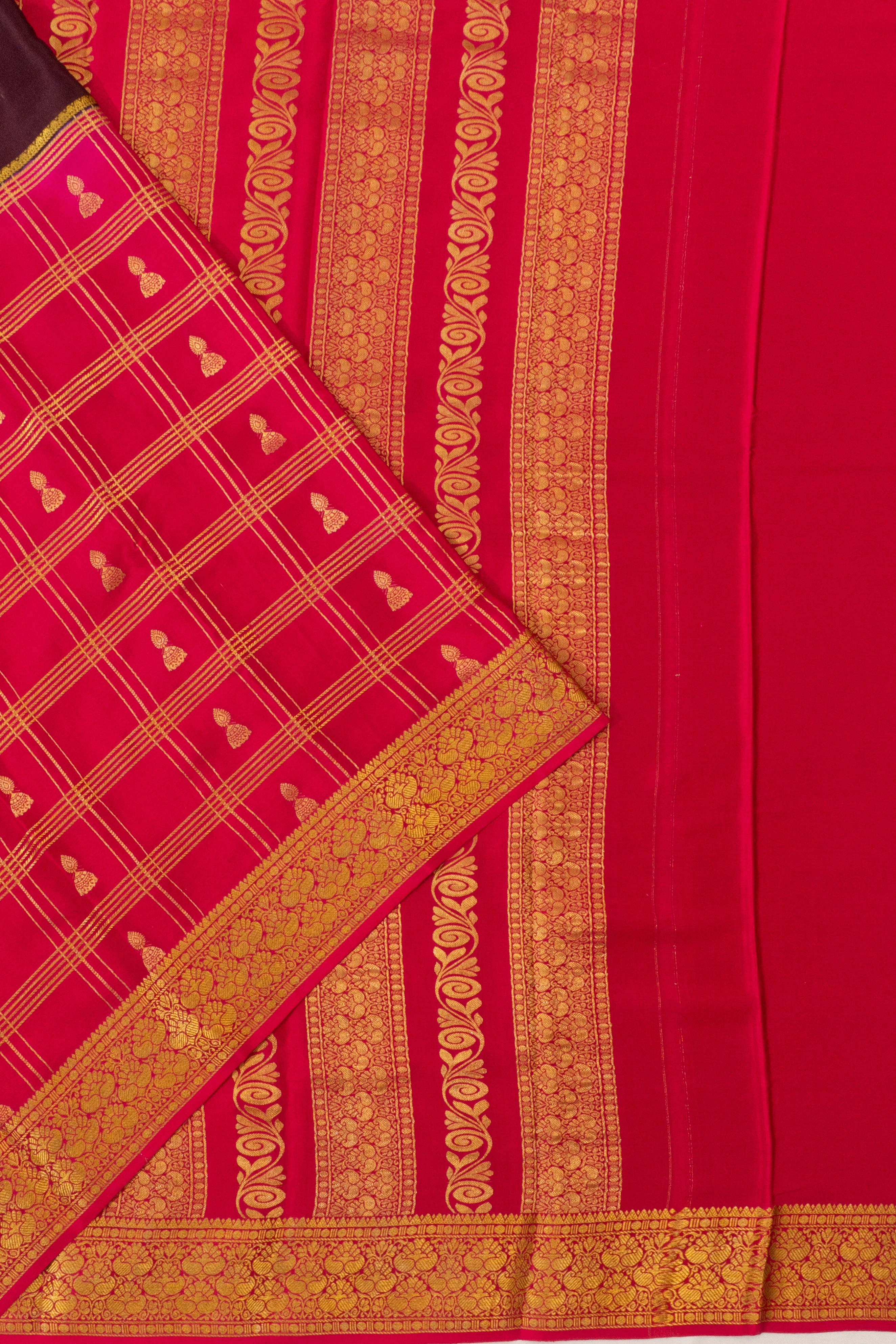 Mysore Silk Plain With Checks And Butta Maroon And Pink Saree