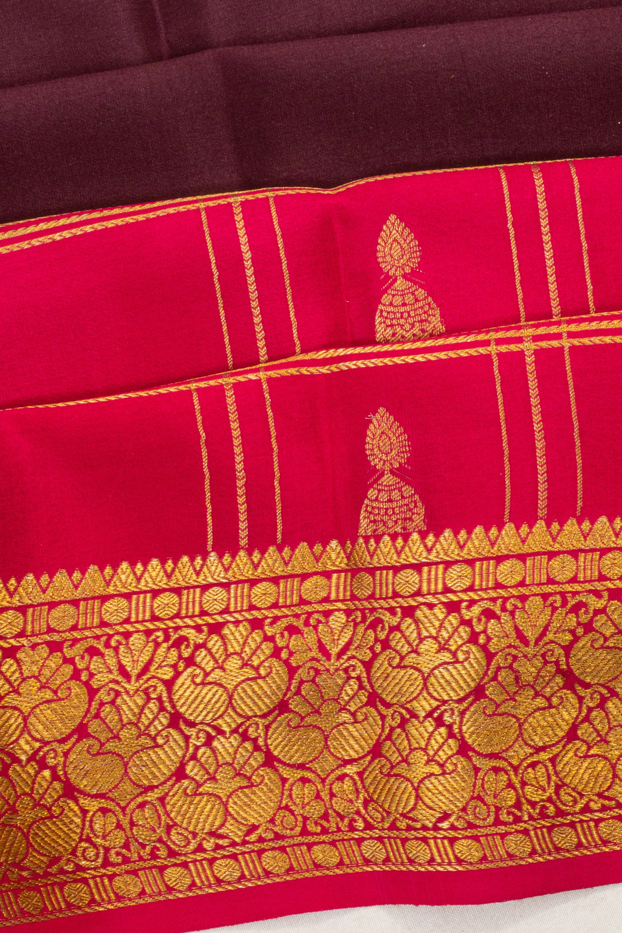 Mysore Silk Plain With Checks And Butta Maroon And Pink Saree