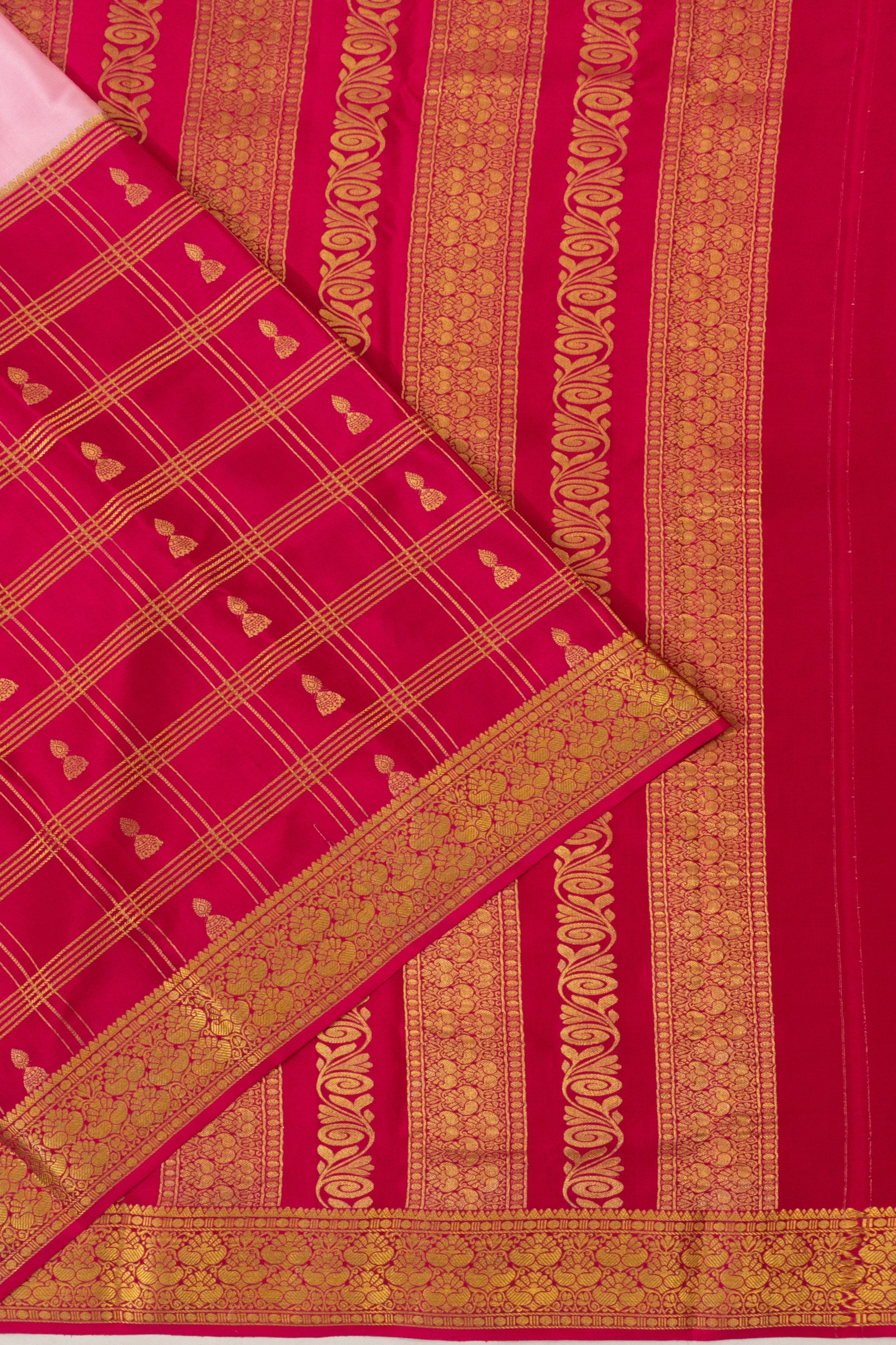 Mysore Silk Plain With Checks And Butta Baby Pink And Pink Saree