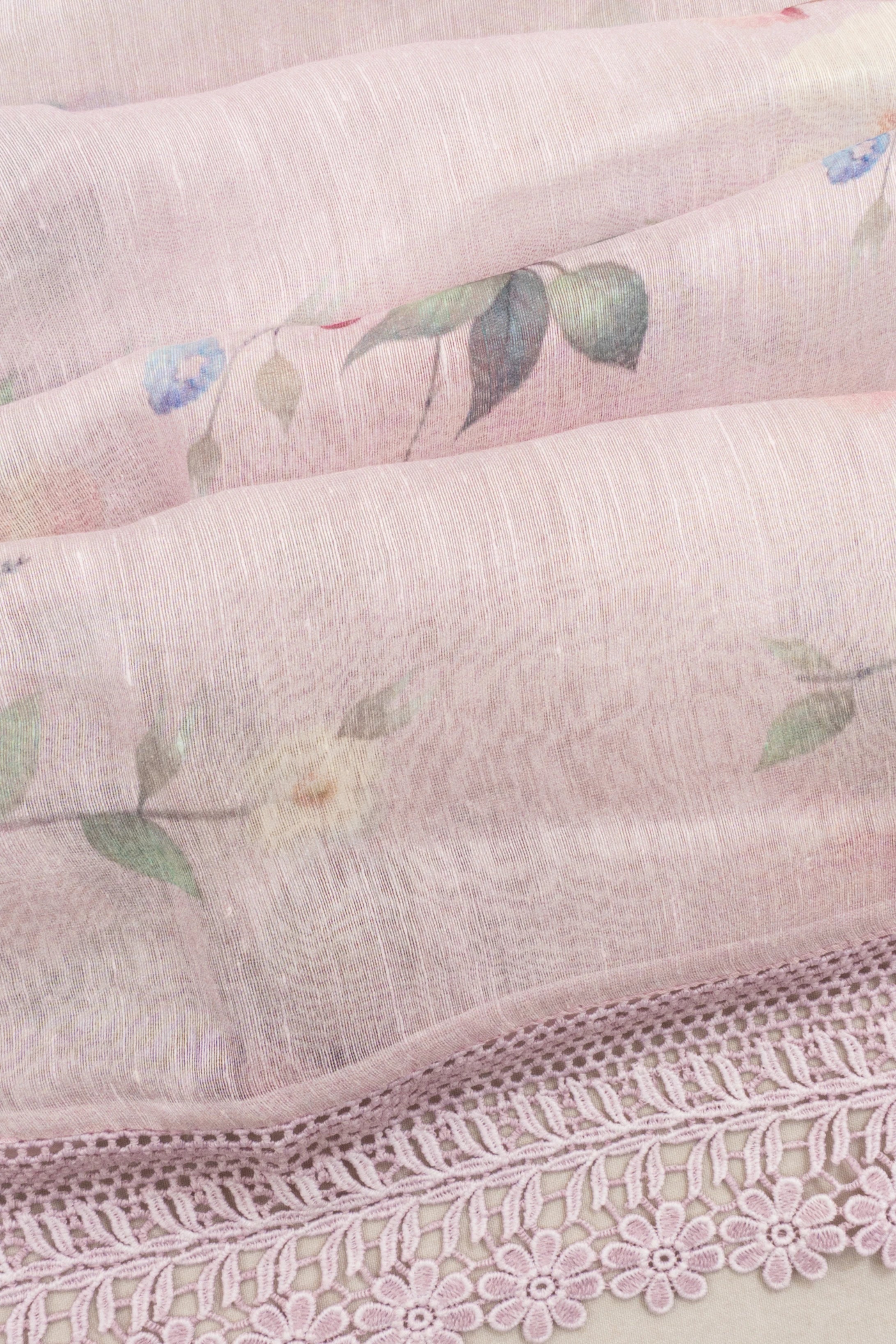 Linen Printed White Saree With Lacework Border