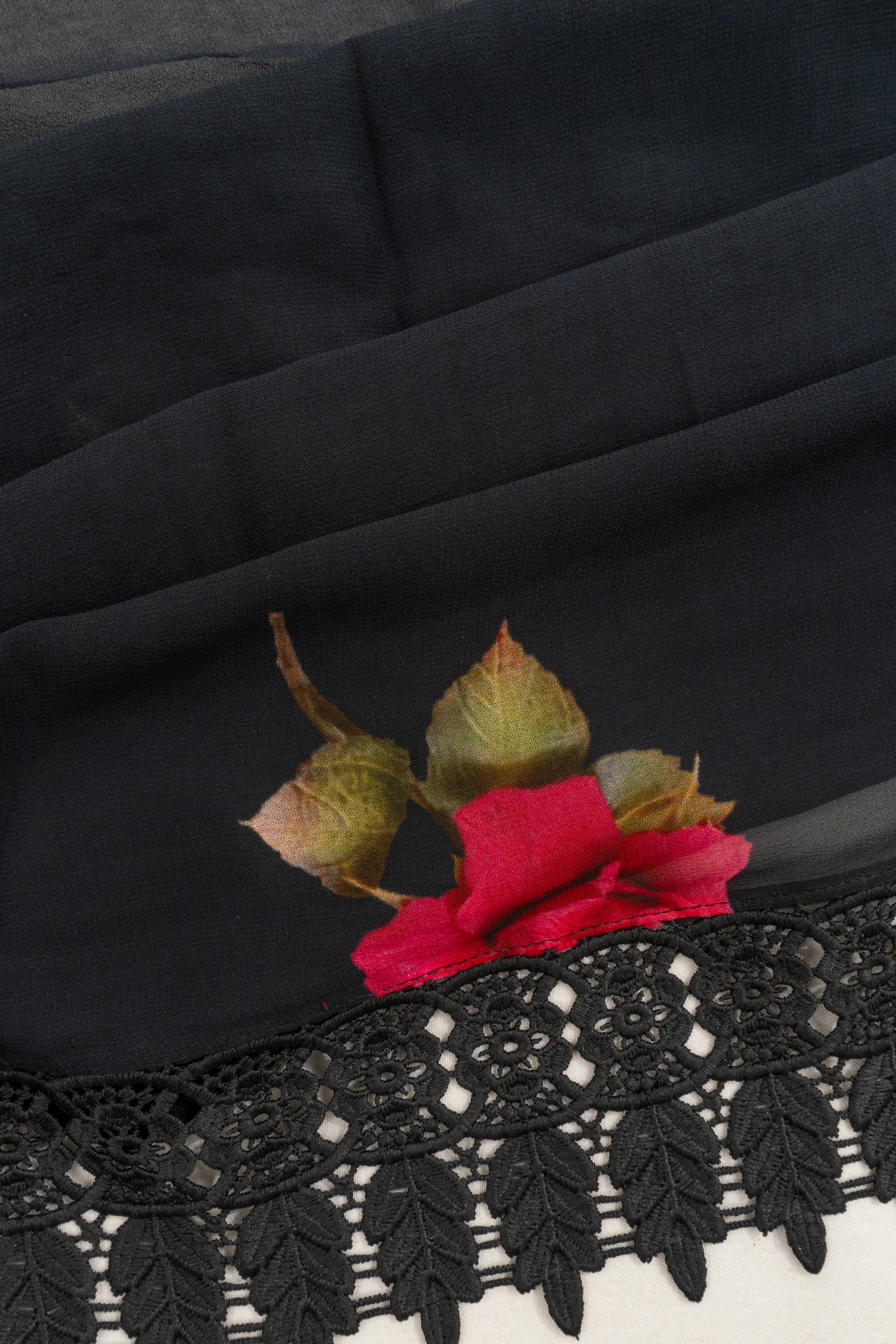 Crepe Printed Black Saree With Lacework Border
