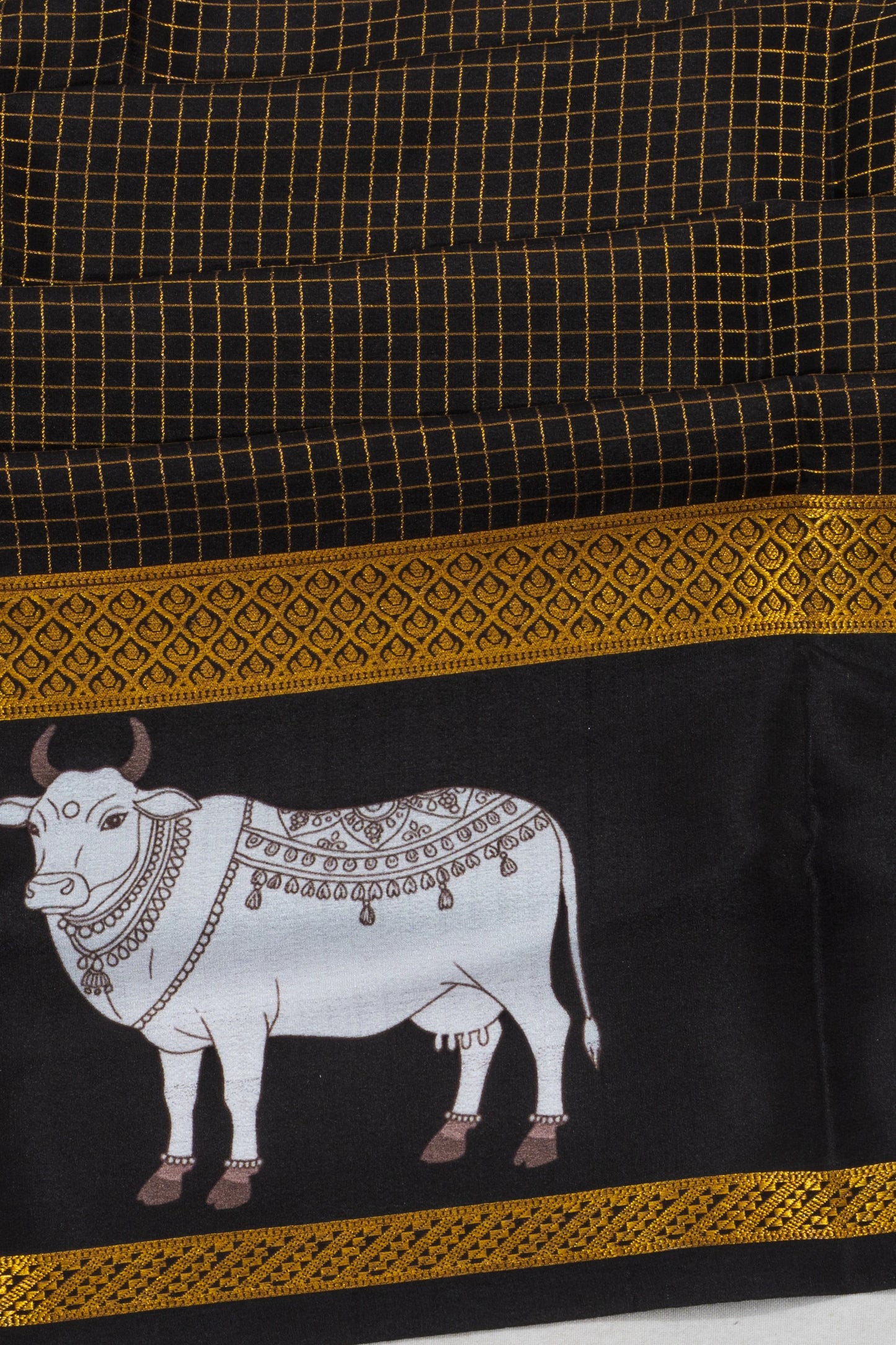 Mysore Silk Checks Black Saree With Pichwai Border