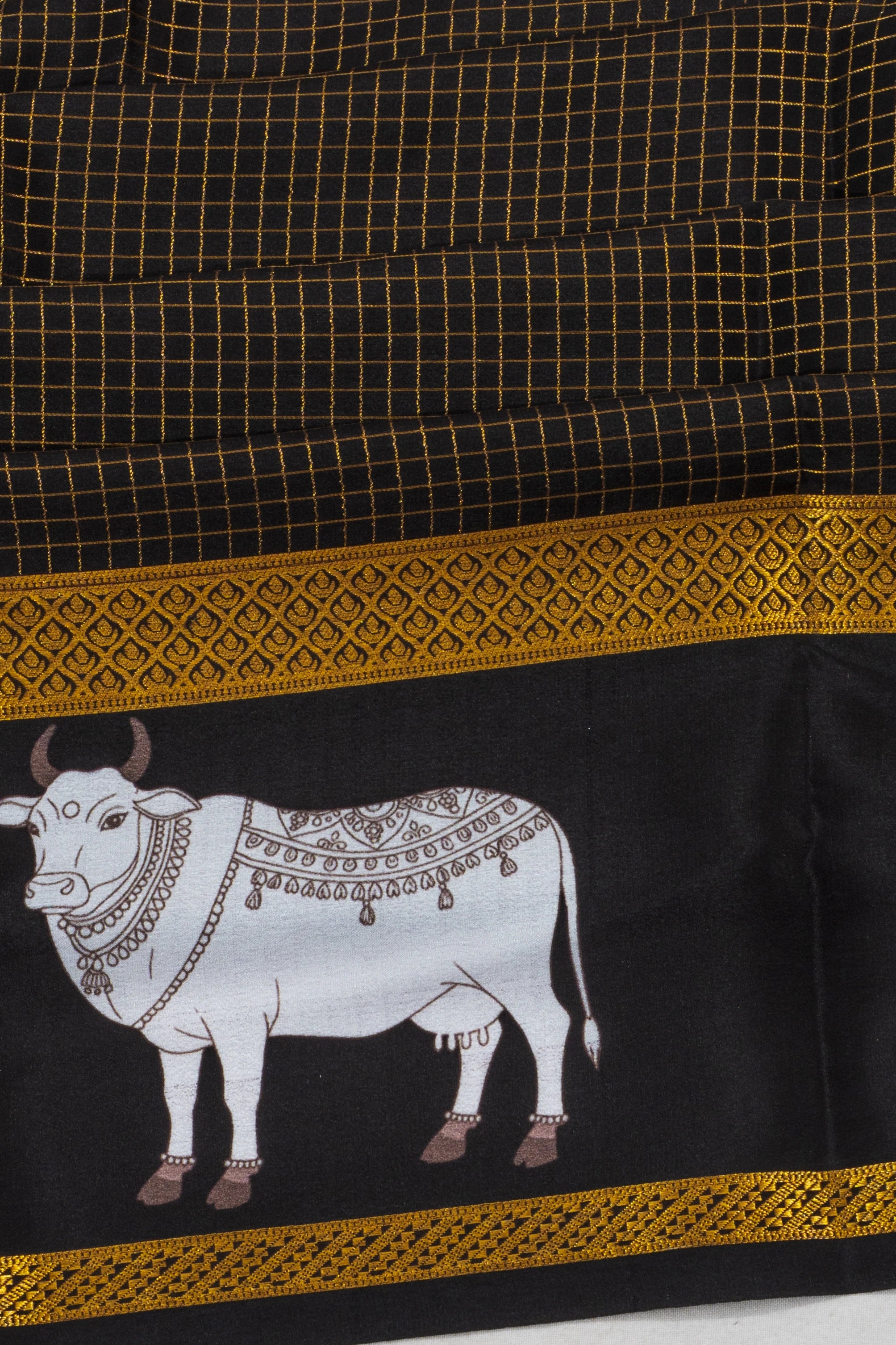 Mysore Silk Checks Black Saree With Pichwai Border
