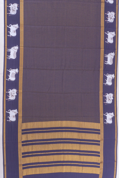 Mysore Silk Checks Dark Blue Saree With Pichwai Border
