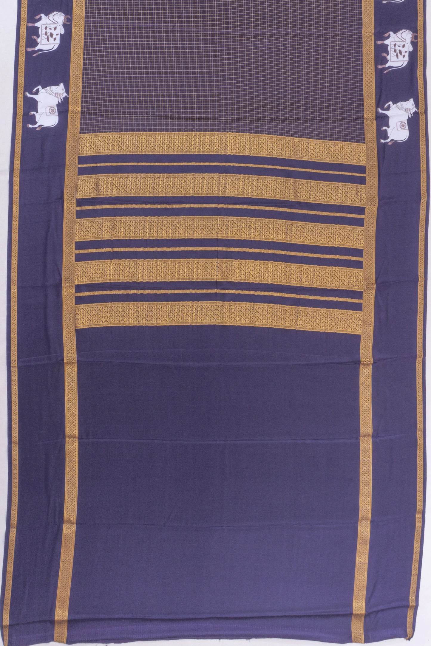 Mysore Silk Checks Dark Blue Saree With Pichwai Border