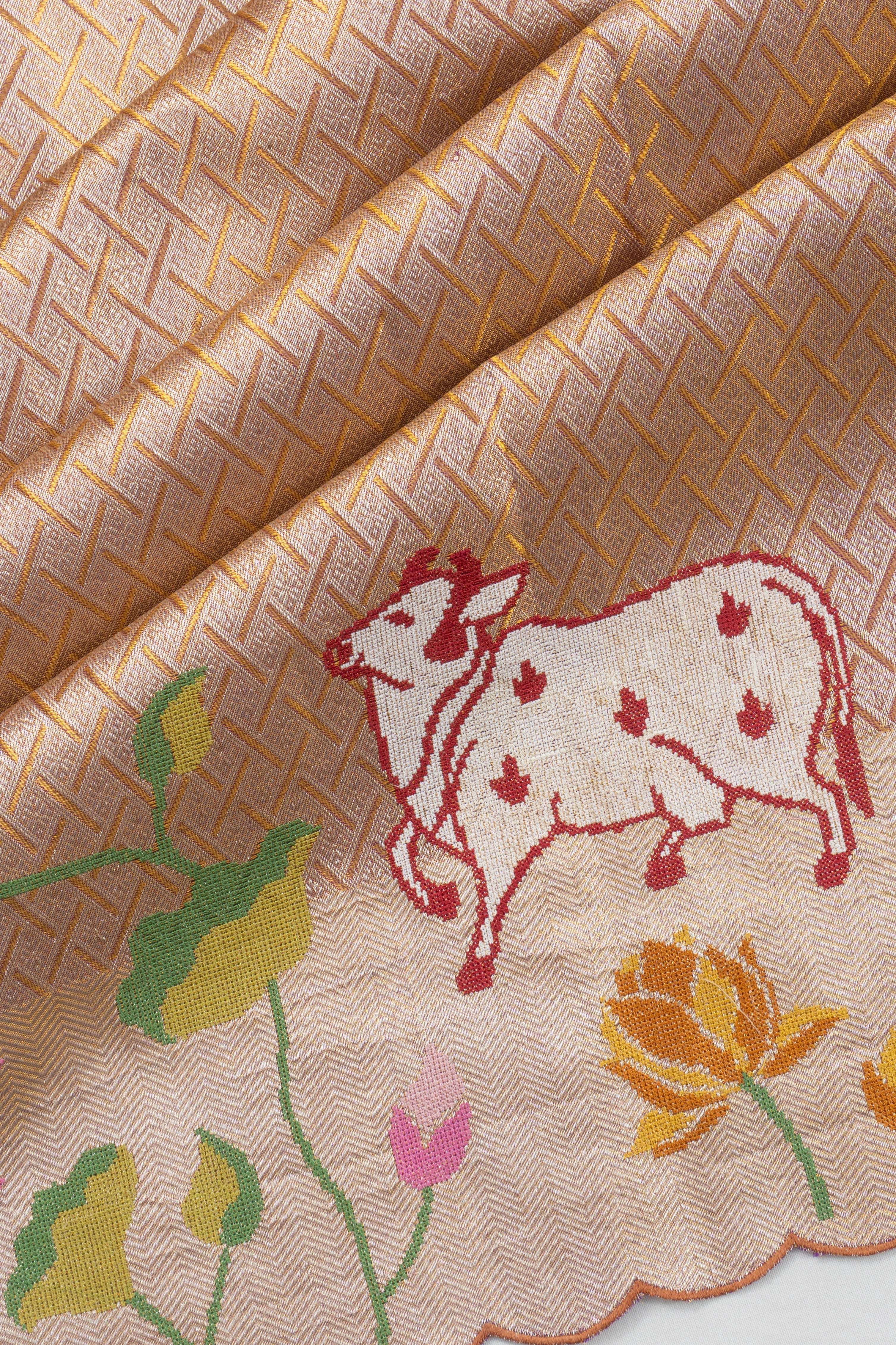 Kanchipuram Silk Tissue Brocade Gold Saree With Embroidery Pichwai Border