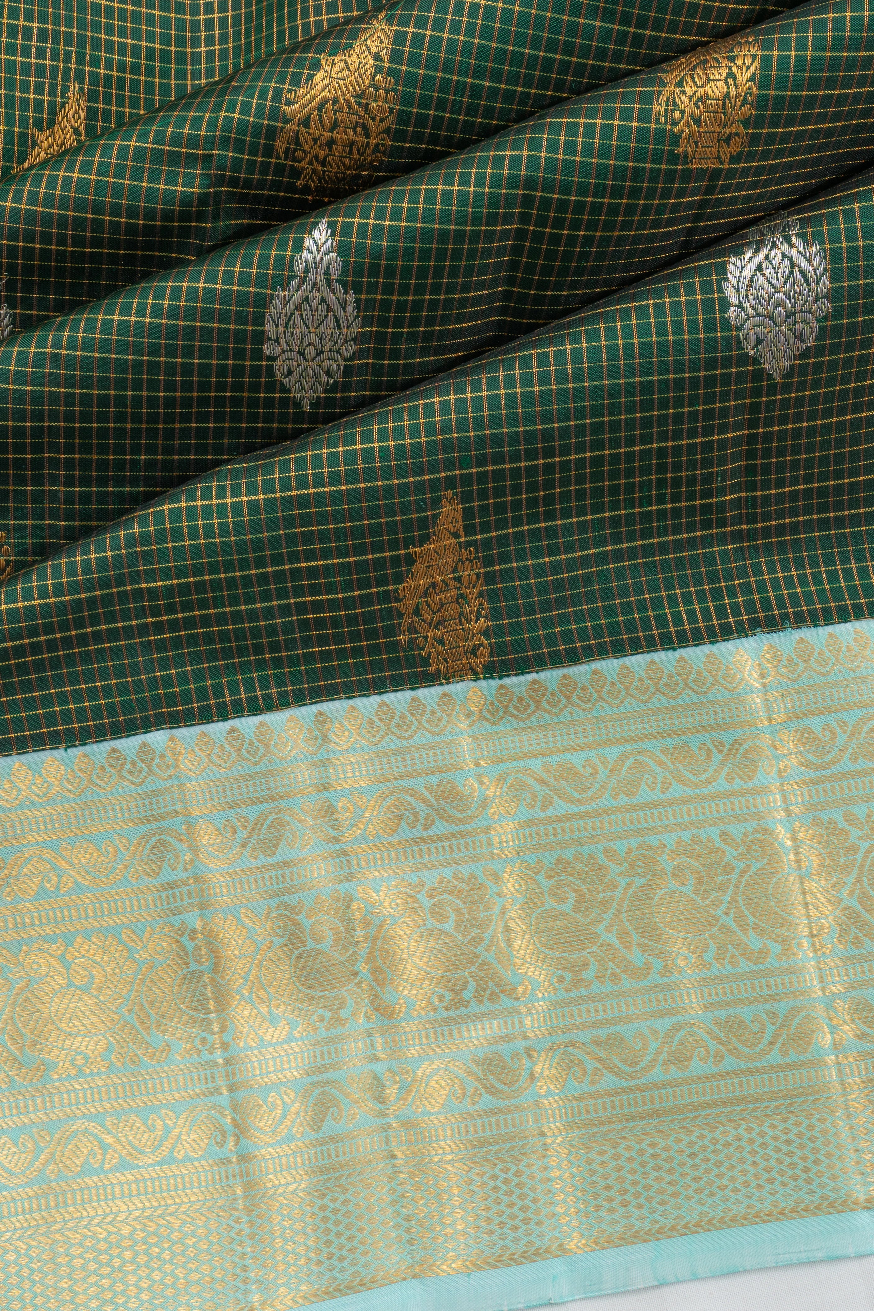 Kanchipuram Silk Checks And Butta Green Saree