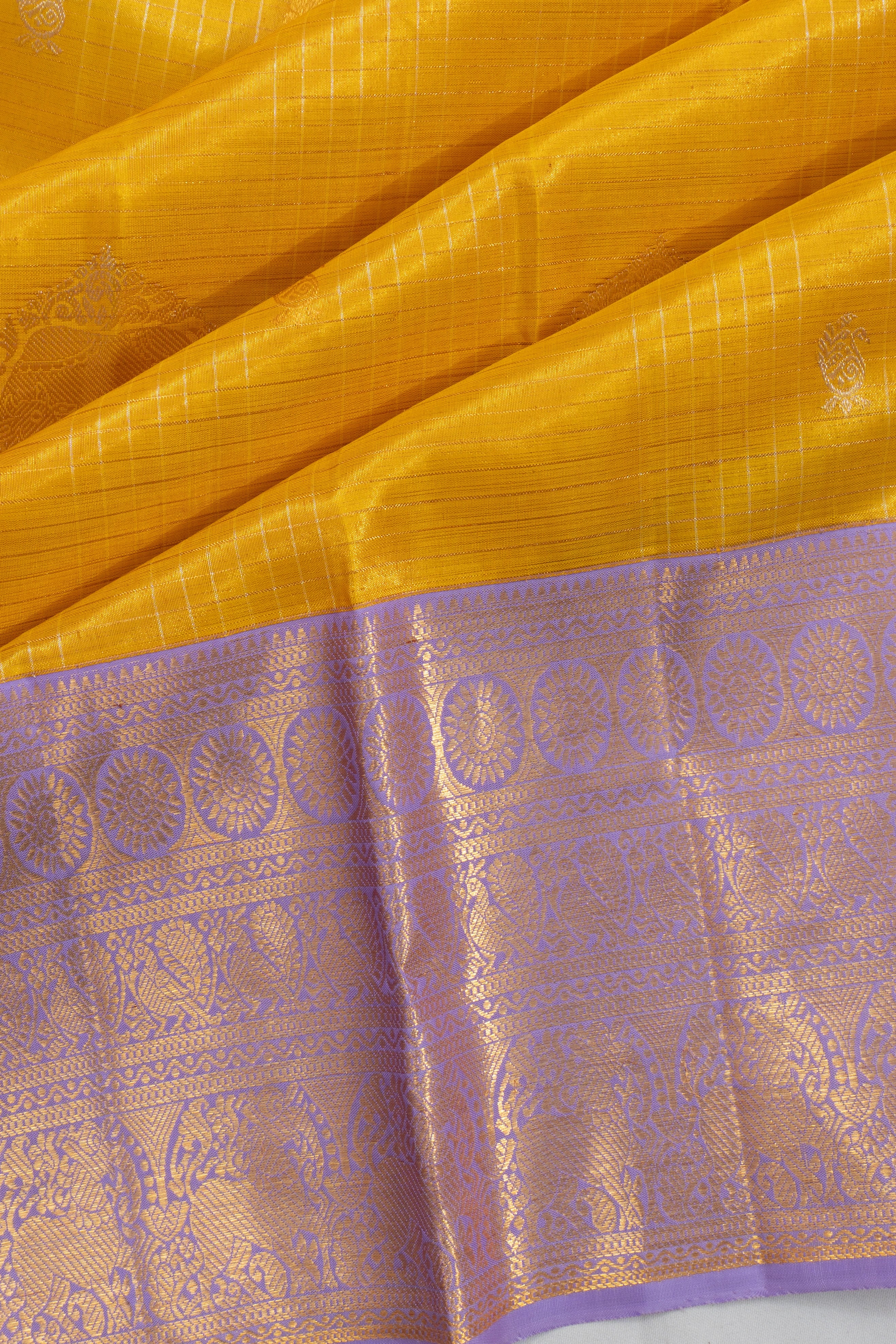 Kanchipuram Silk Checks And Butta Yellow Saree