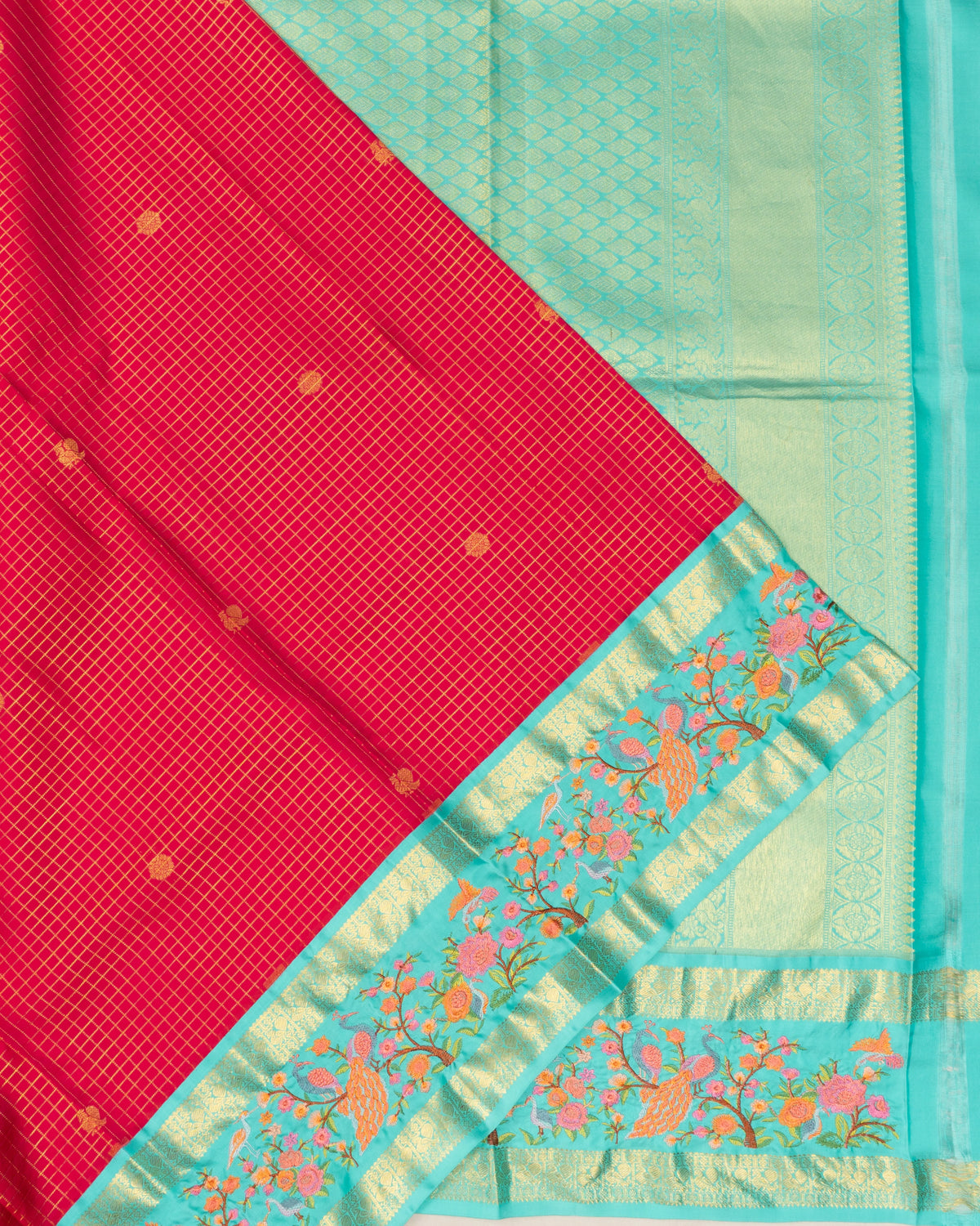 Kanchipuram Silk Checks And Butta Red Saree With Embroidery Border