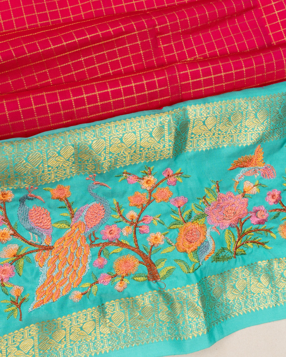 Kanchipuram Silk Checks And Butta Red Saree With Embroidery Border