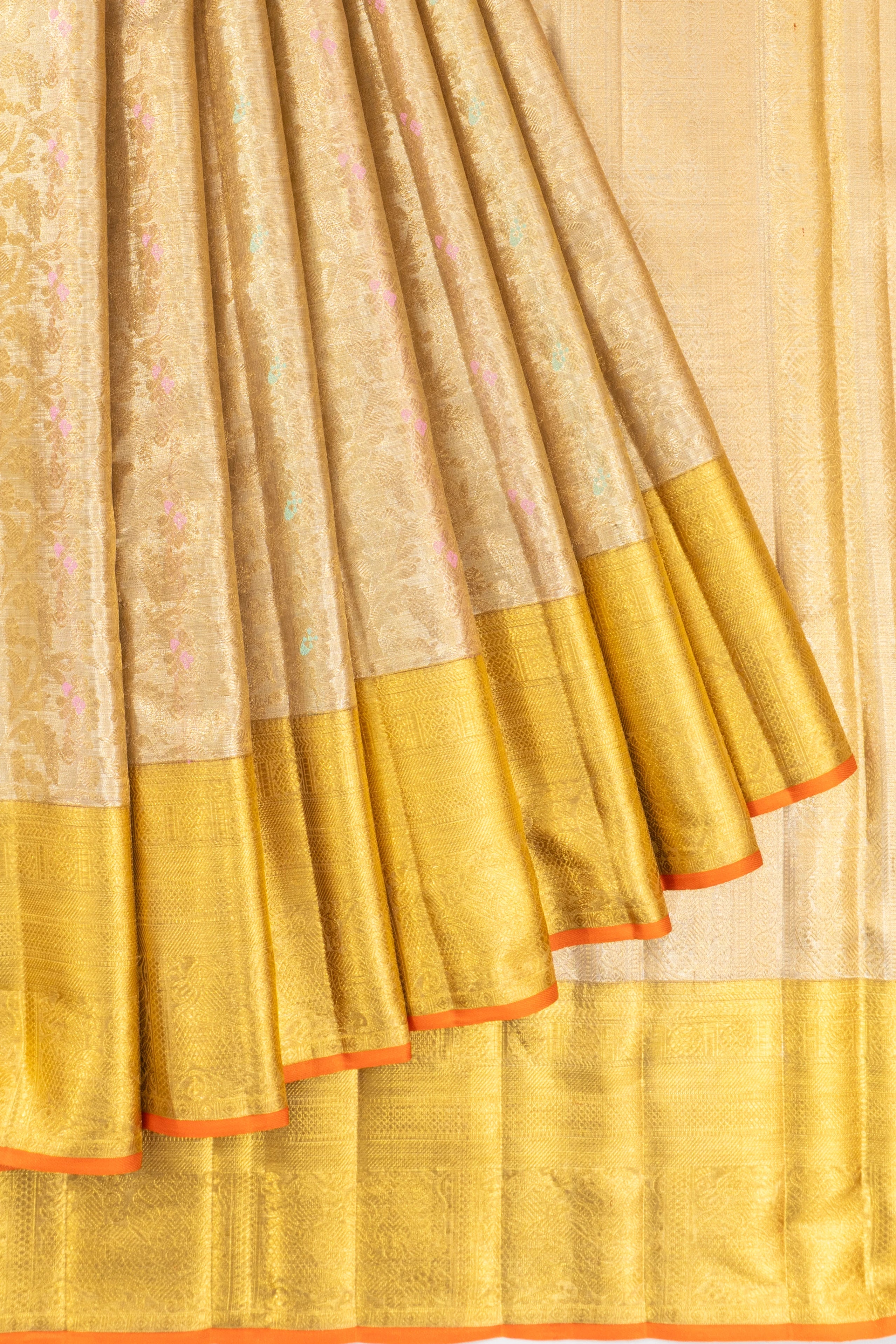 Kanchipuram Silk Tissue Brocade Gold Saree With Meenakari