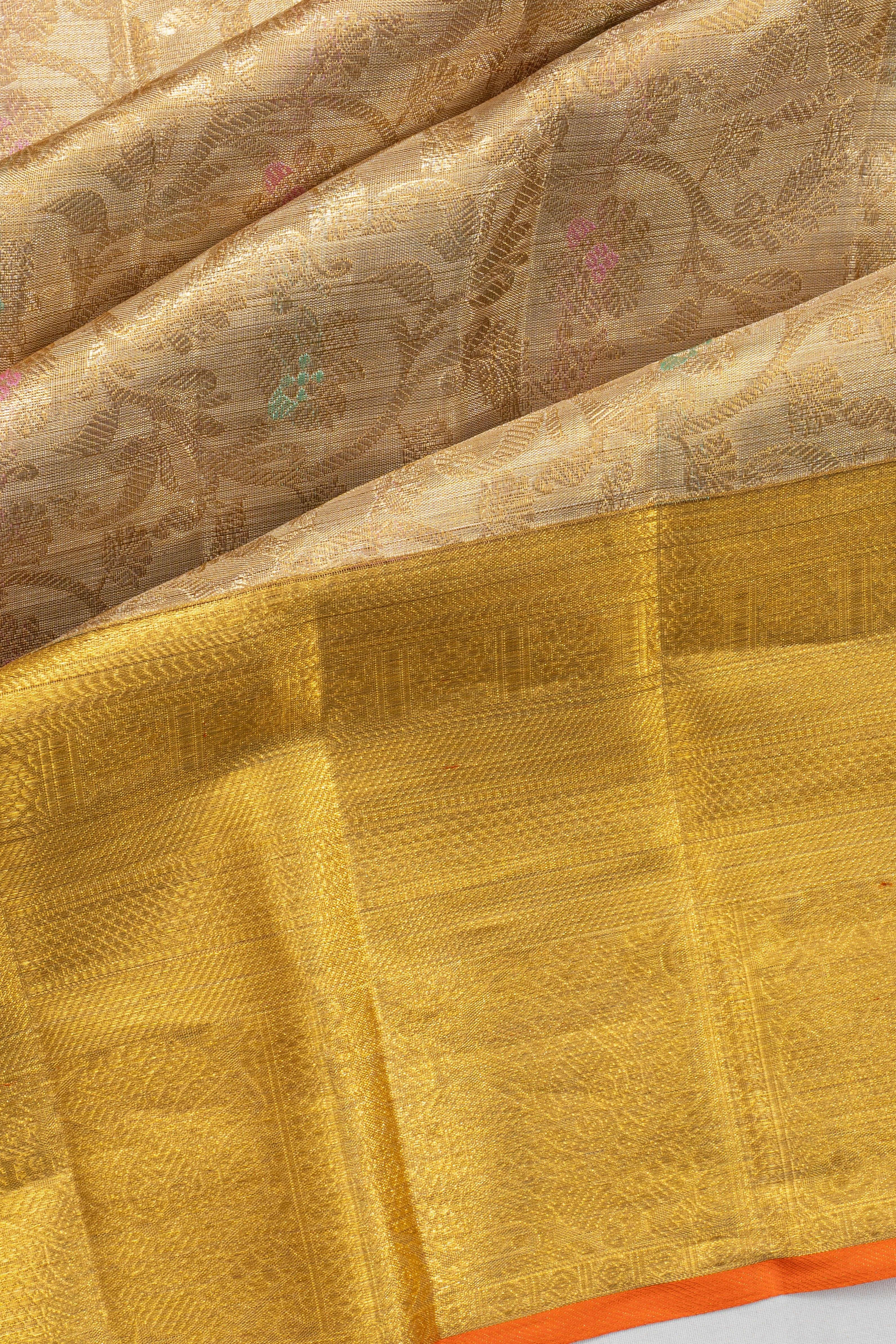 Kanchipuram Silk Tissue Brocade Gold Saree With Meenakari