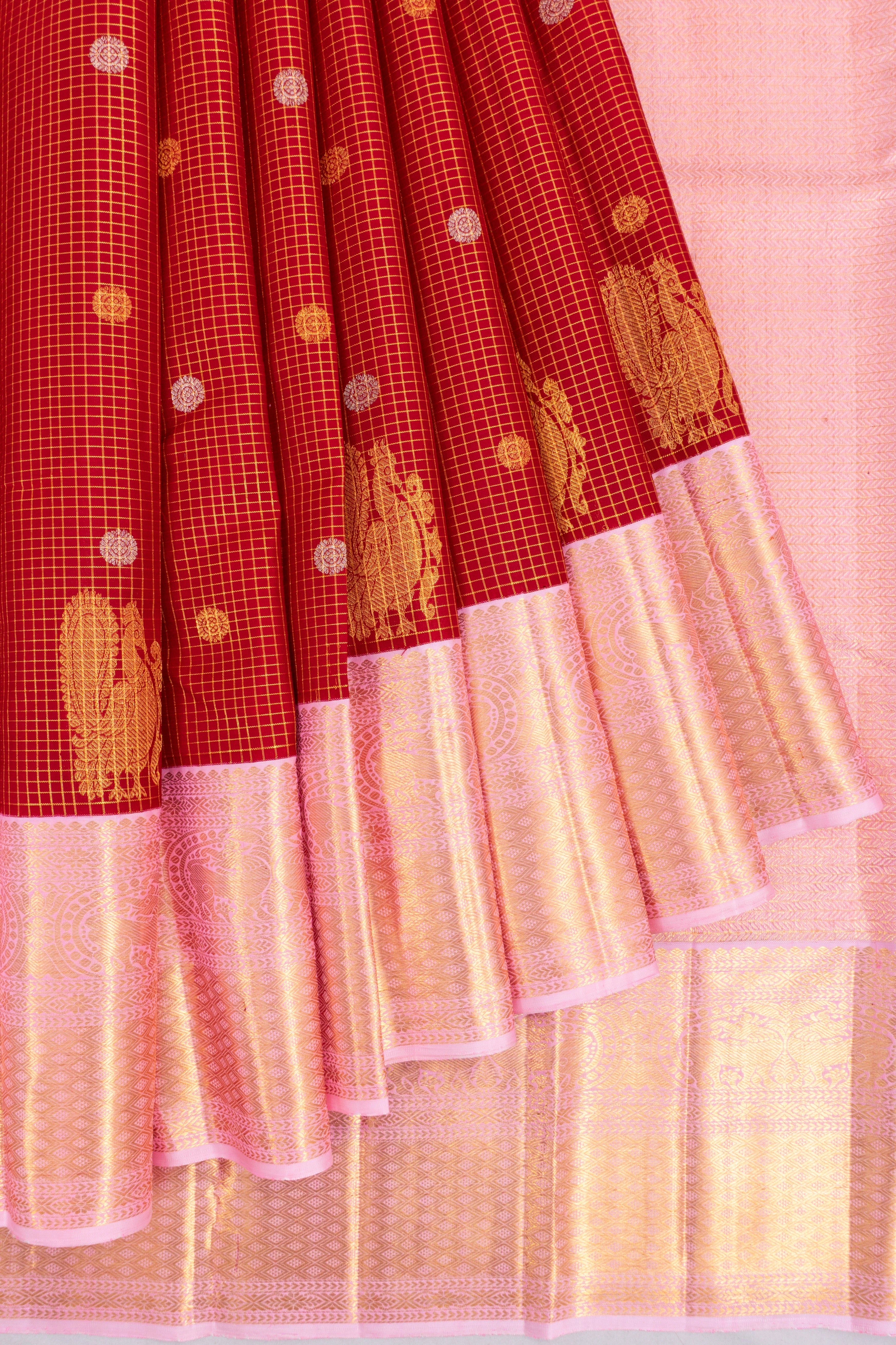 Kanchipuram Silk Checks And Butta Red Saree