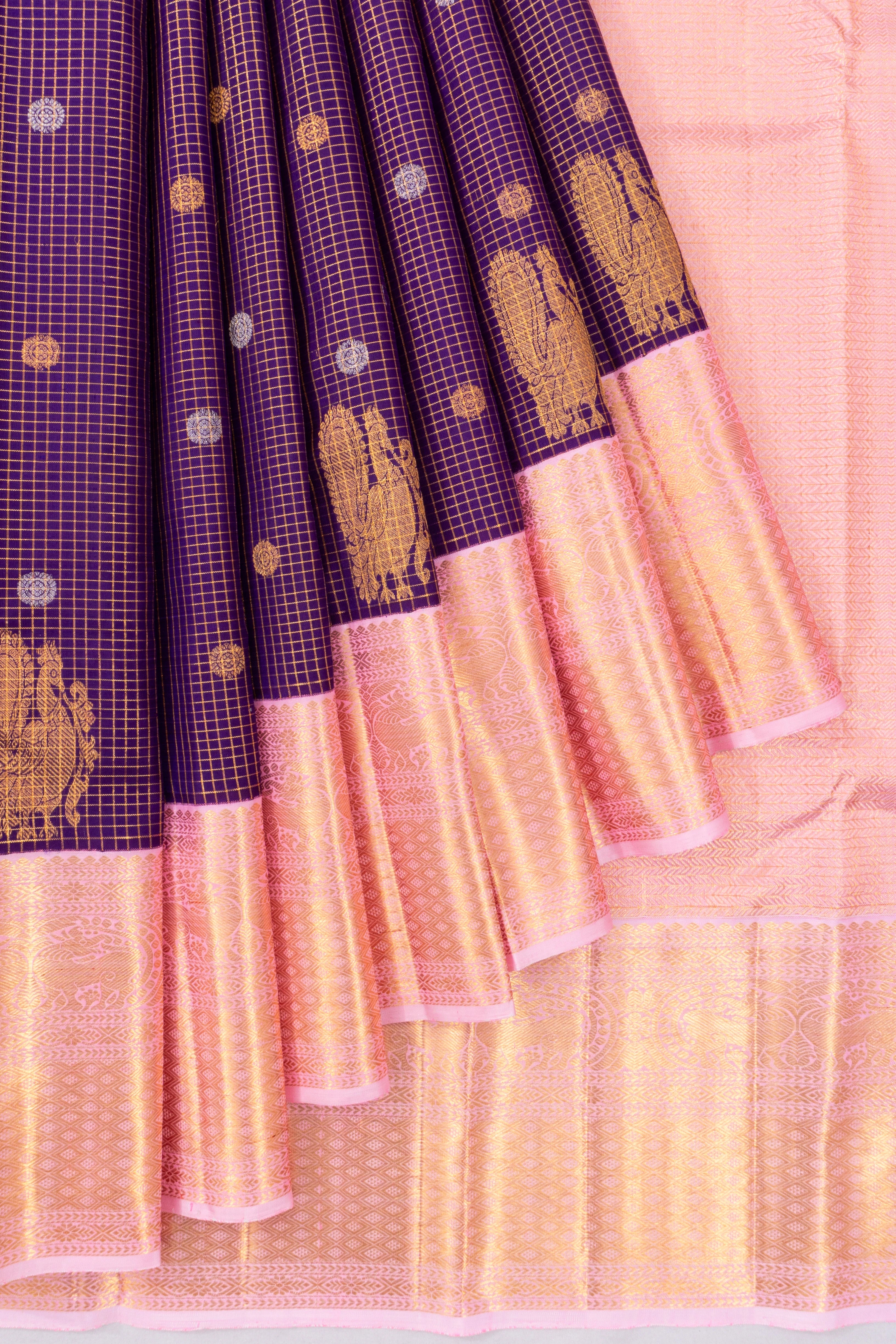 Kanchipuram Silk Checks And Butta Purple Saree