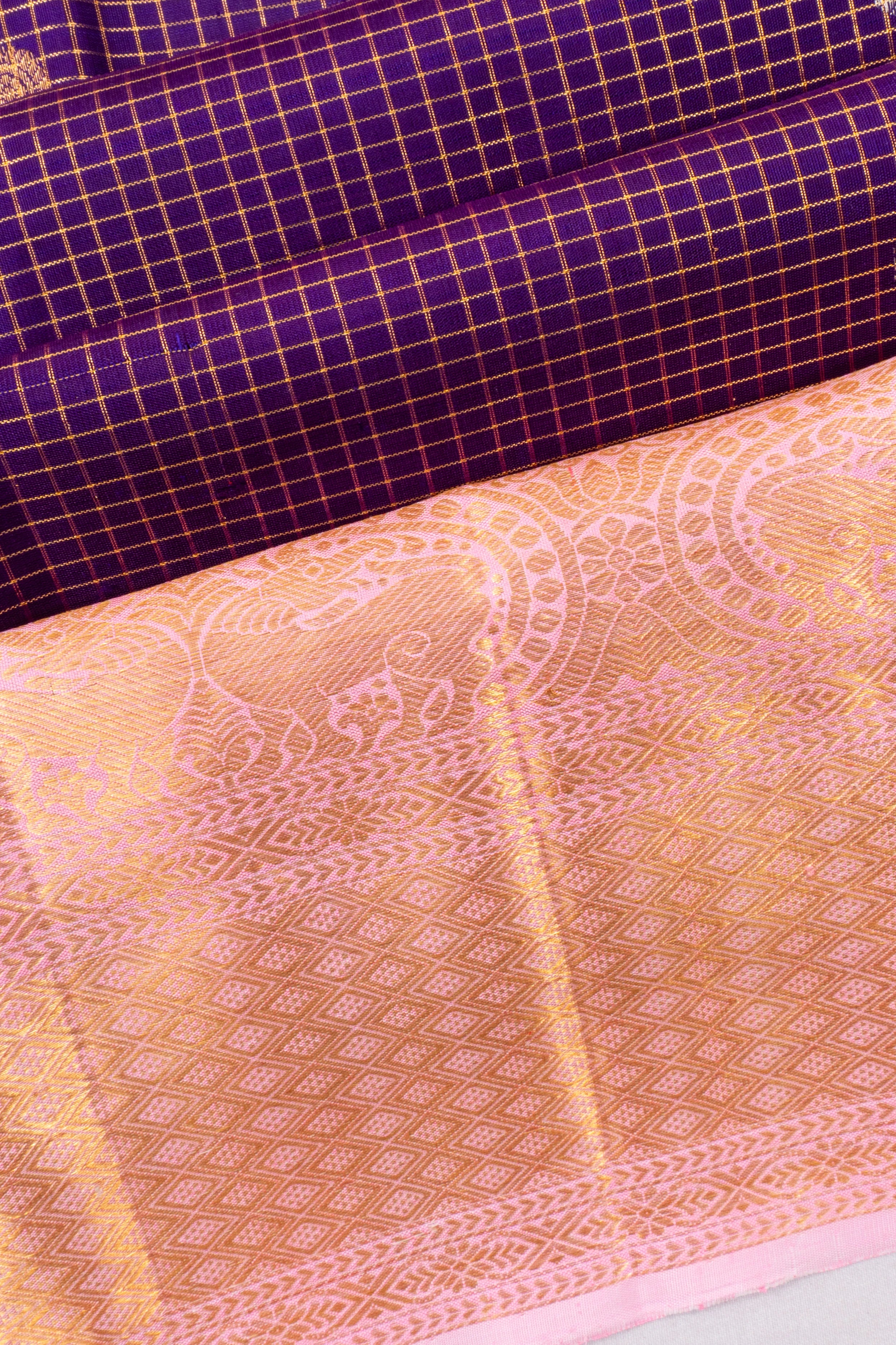 Kanchipuram Silk Checks And Butta Purple Saree