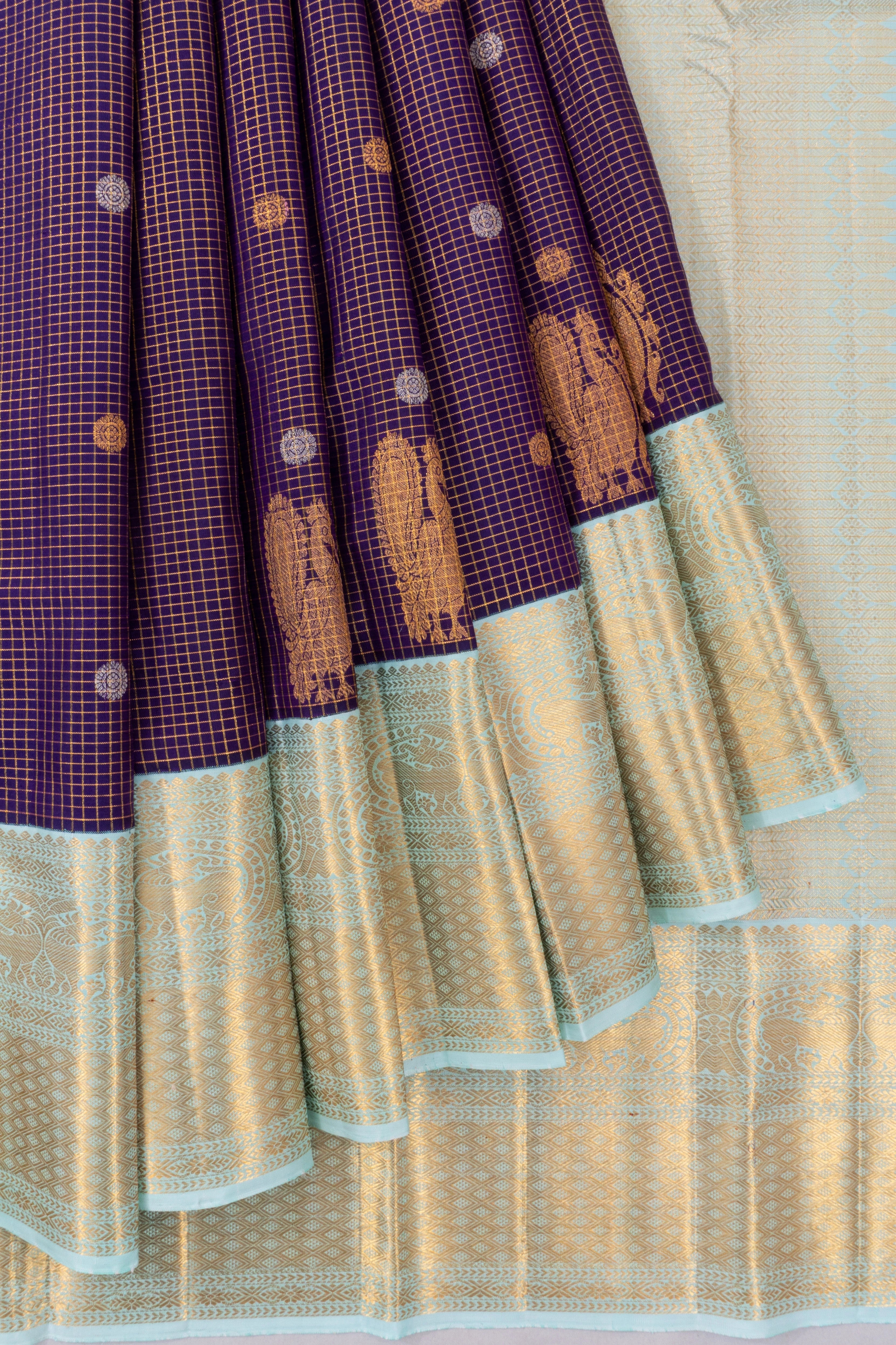 Kanchipuram Silk Checks And Butta Purple Saree