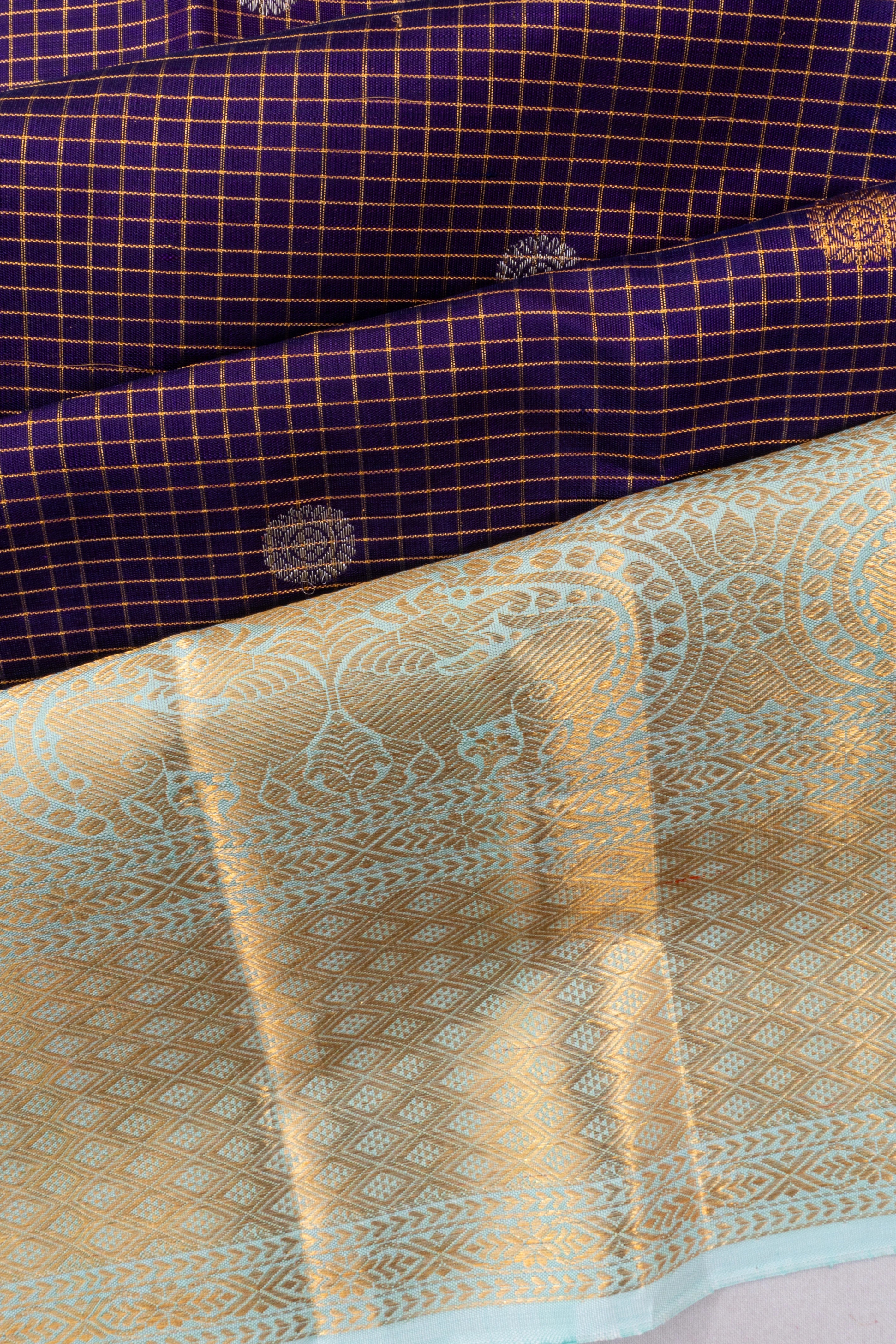 Kanchipuram Silk Checks And Butta Purple Saree
