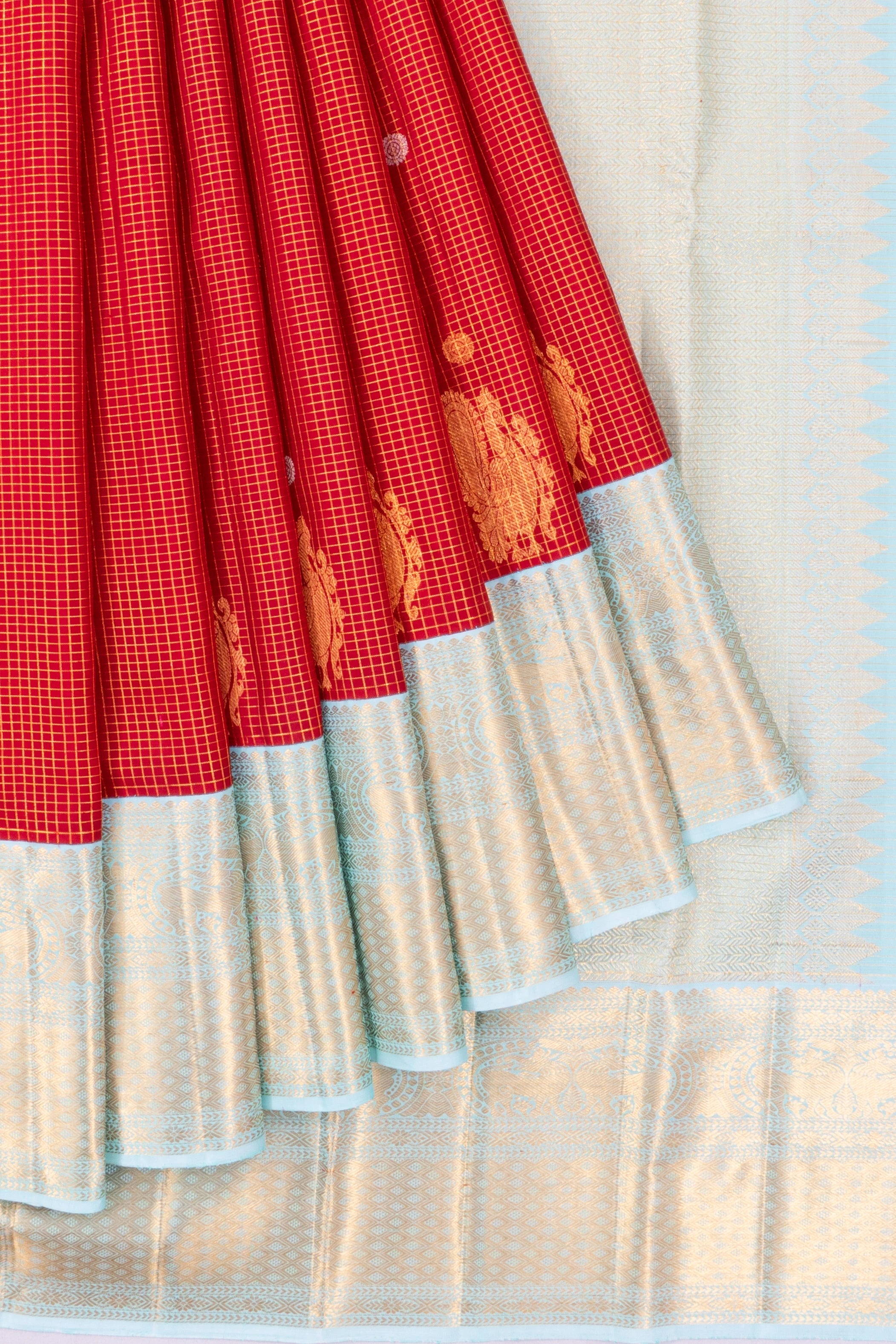 Kanchipuram Silk Checks And Butta Red Saree