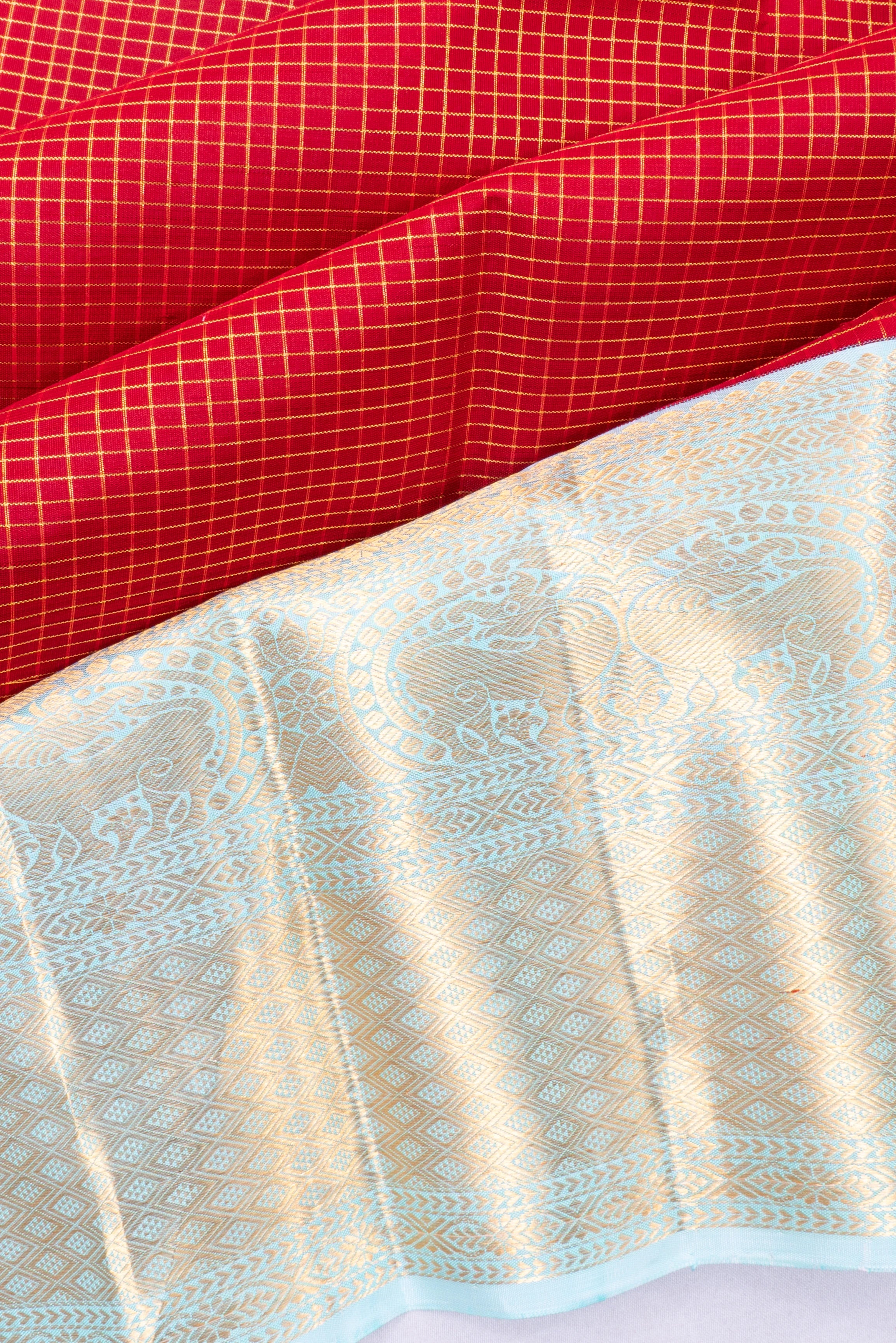Kanchipuram Silk Checks And Butta Red Saree