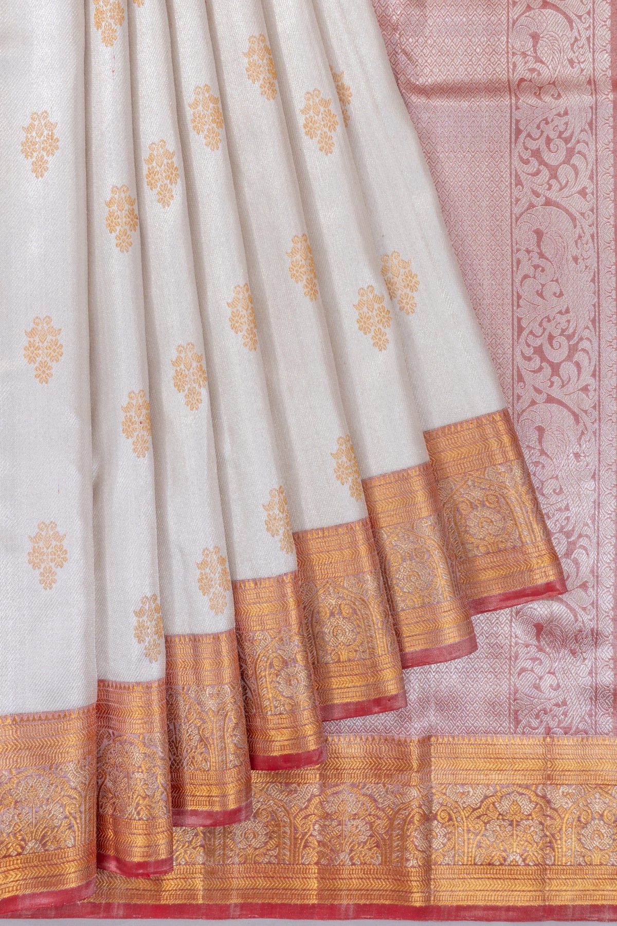 Kanchipuram Silk Tissue Brocade And Butta Silver Saree