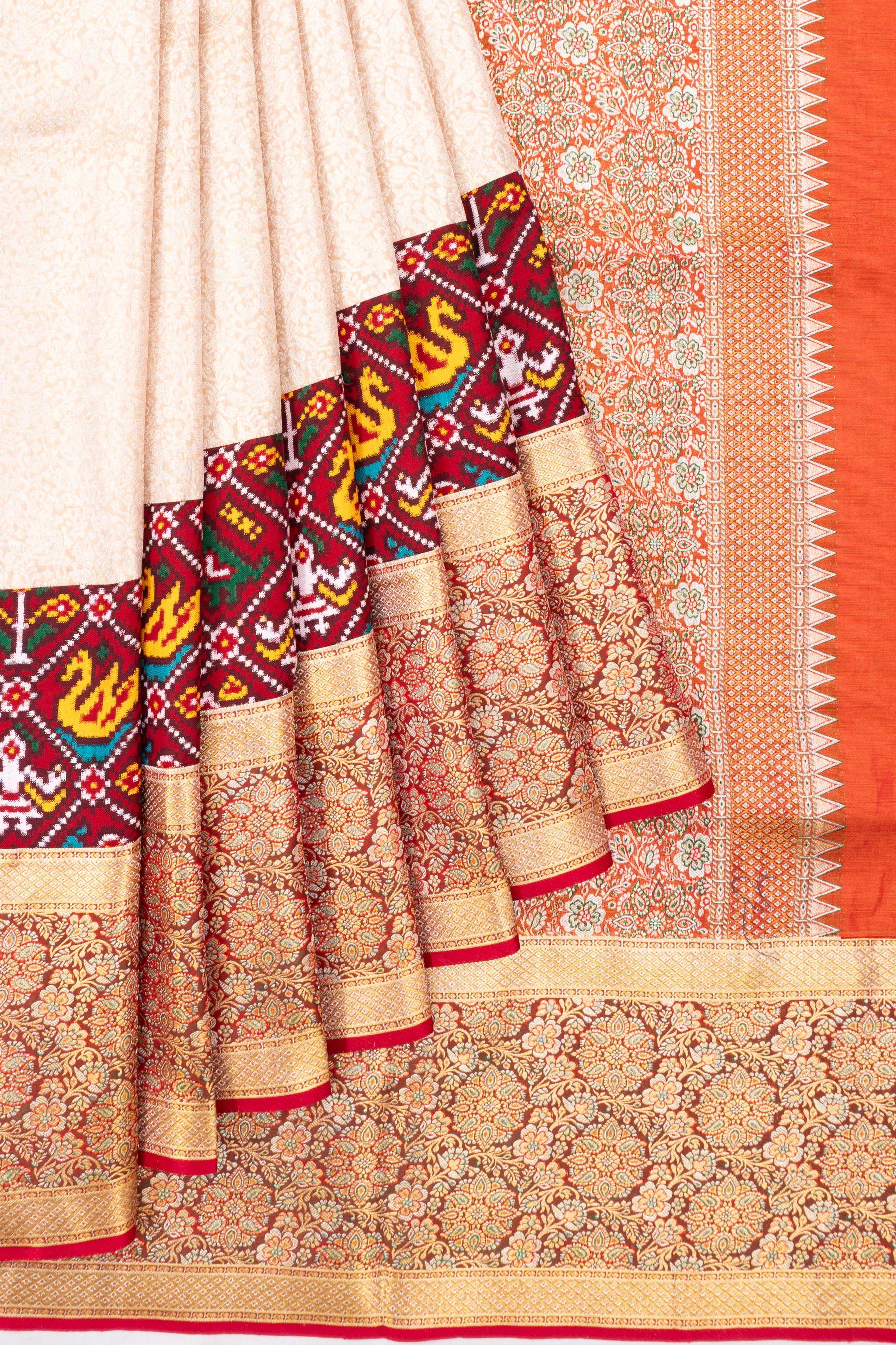 Patan Patola X Kanchipuram Silk Tissue Jaal Gold Saree