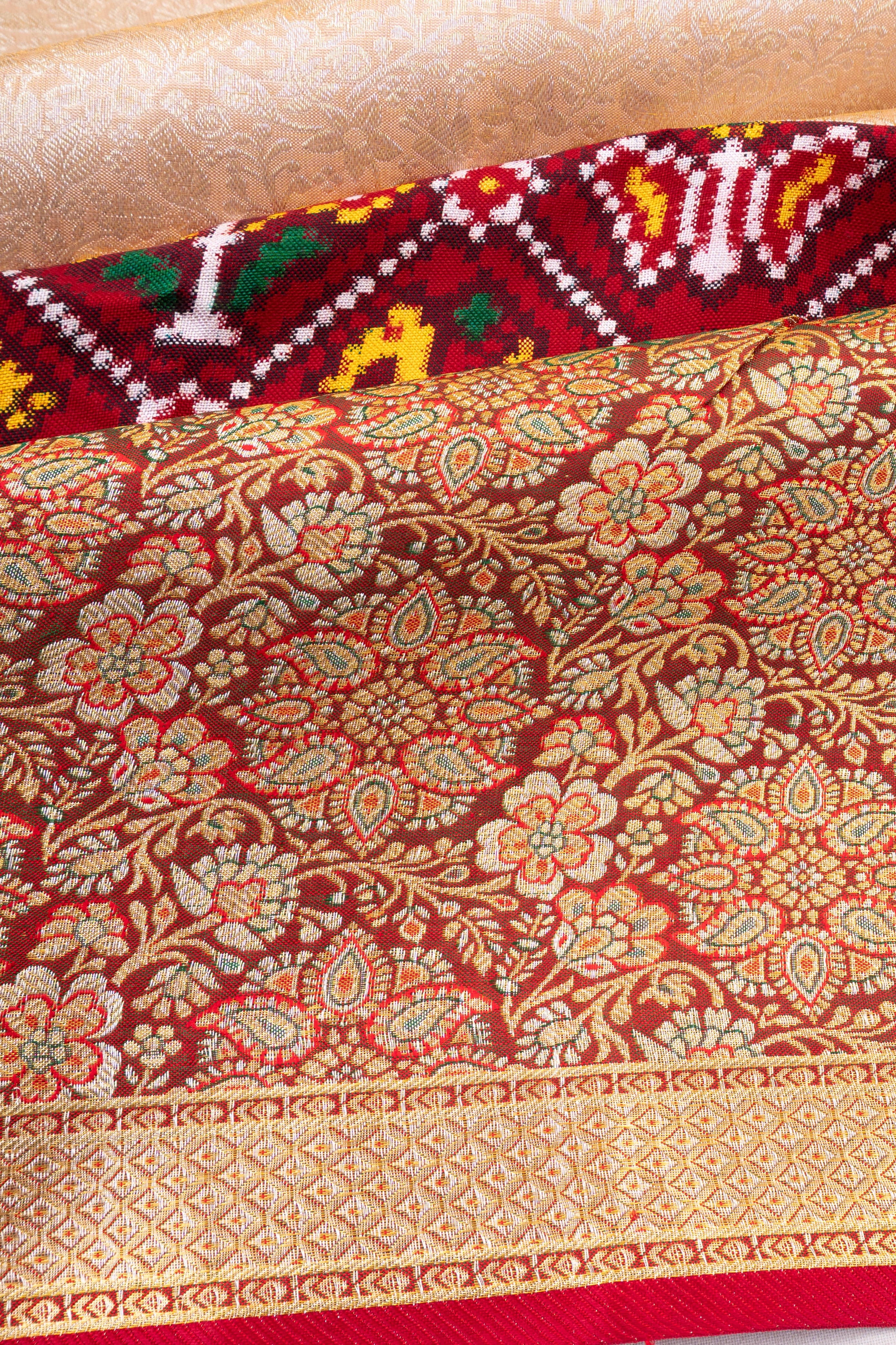 Patan Patola X Kanchipuram Silk Tissue Jaal Gold Saree
