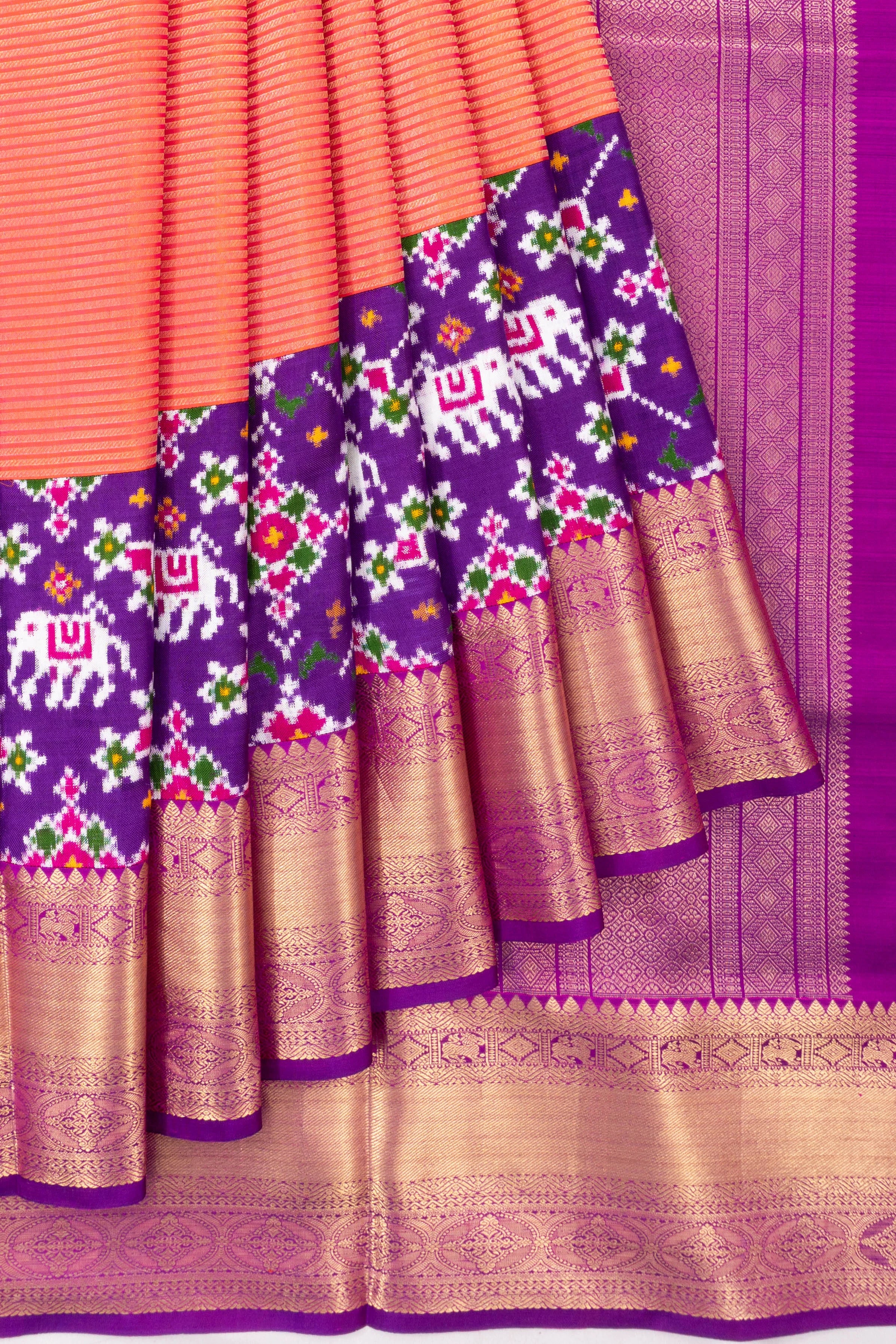 Patan Patola X Kanchipuram Silk Lines Orange Saree