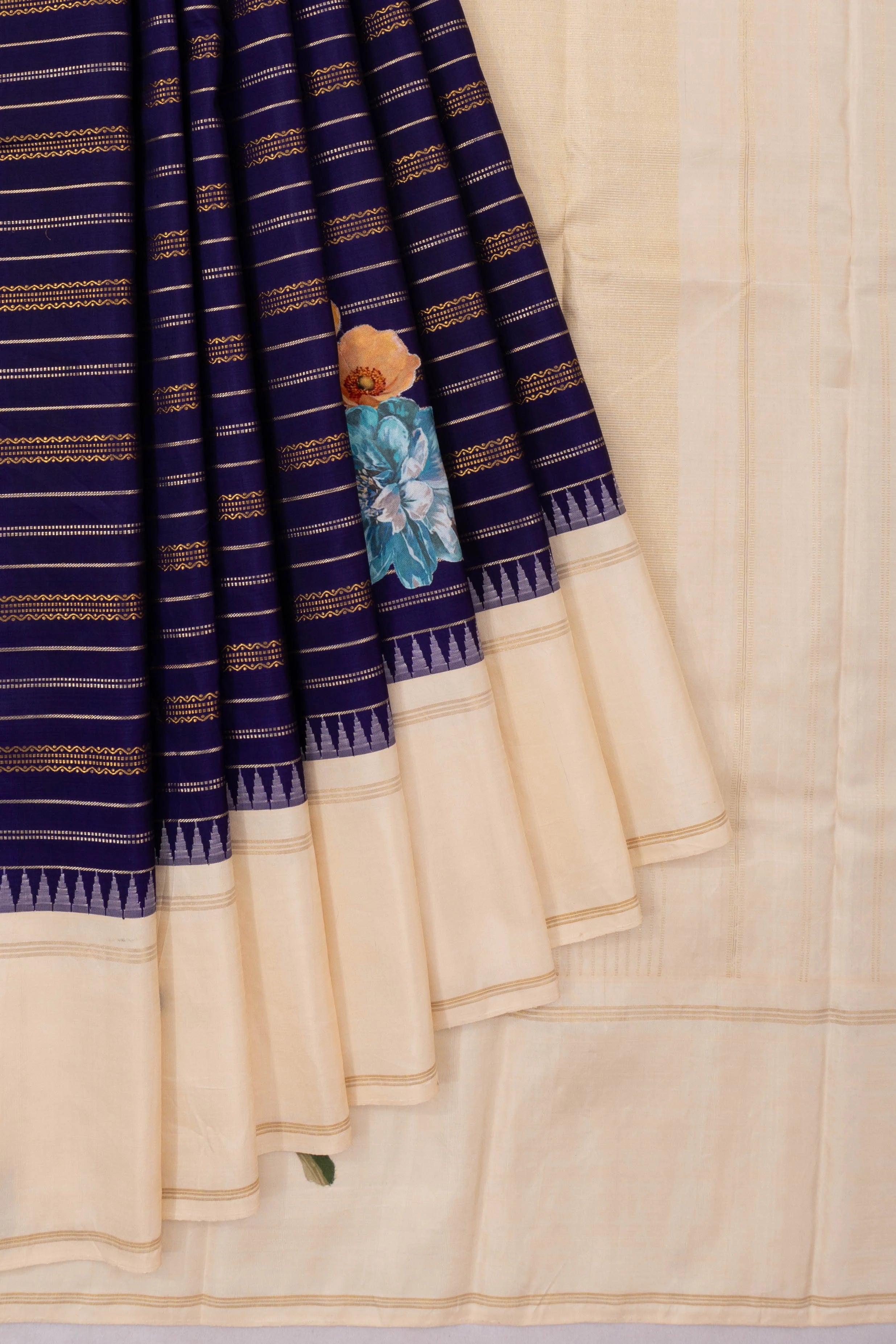 Kanchipuram Silk Brocade Dark Blue Saree With Applique Work
