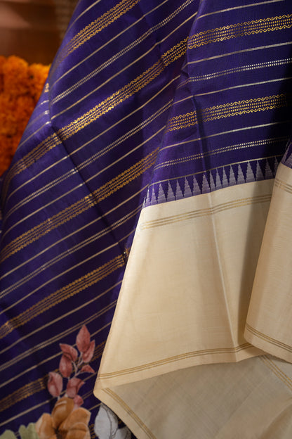 Kanchipuram Silk Brocade Dark Blue Saree With Applique Work