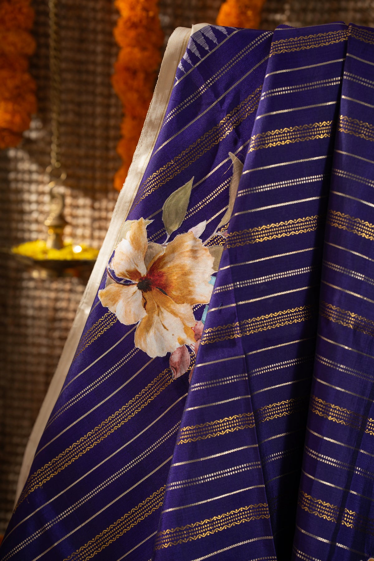 Kanchipuram Silk Brocade Dark Blue Saree With Applique Work