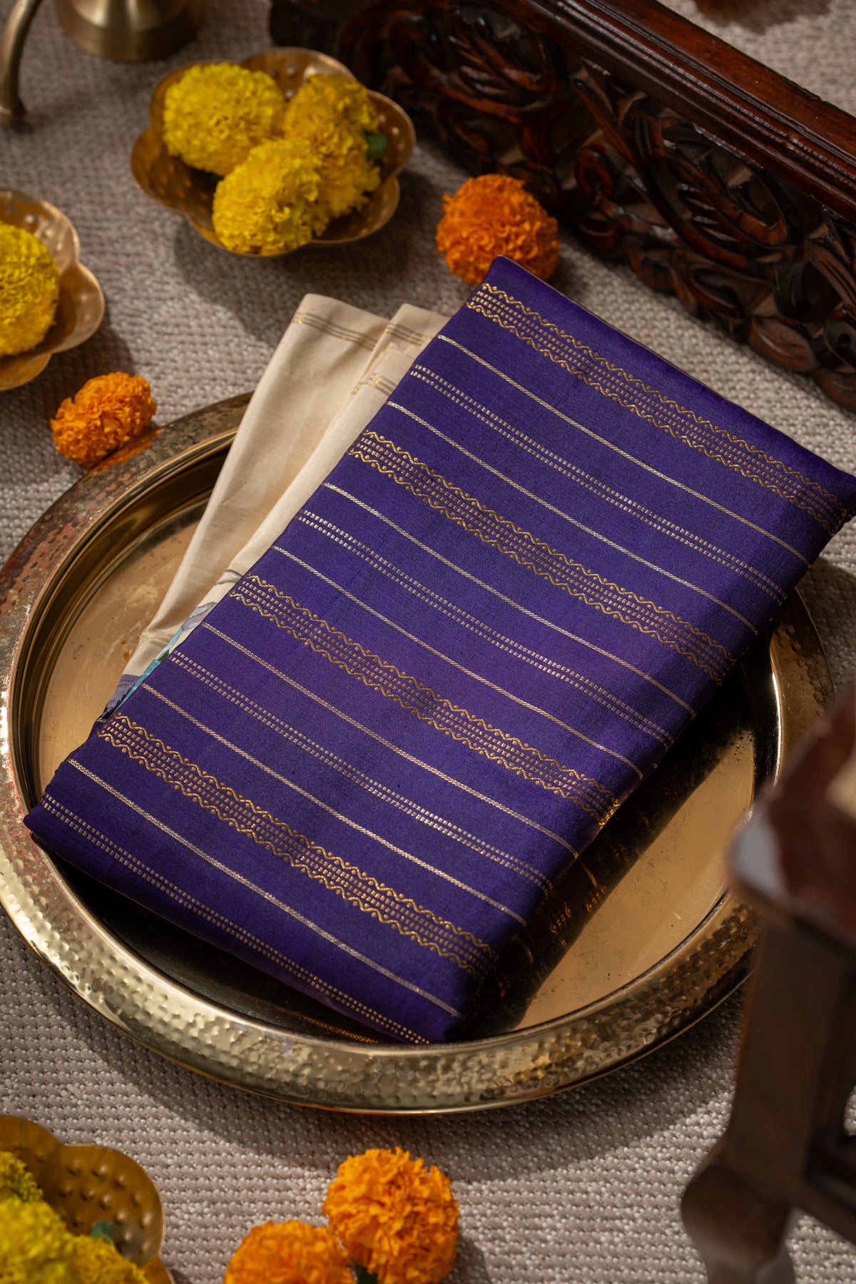 Kanchipuram Silk Brocade Dark Blue Saree With Applique Work