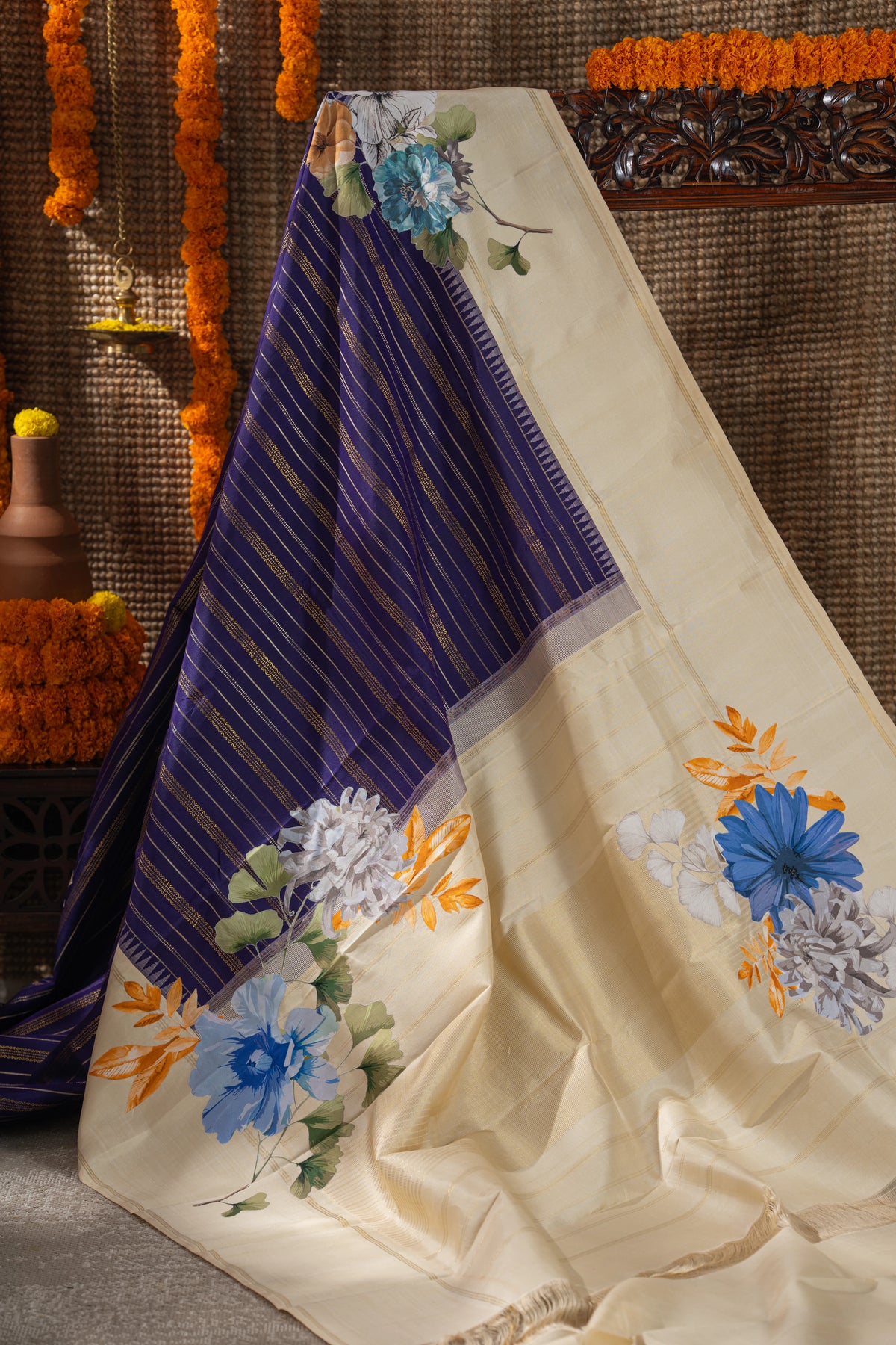 Kanchipuram Silk Brocade Dark Blue Saree With Applique Work