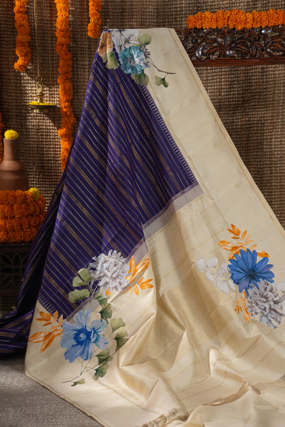 Kanchipuram Silk Brocade Dark Blue Saree With Applique Work