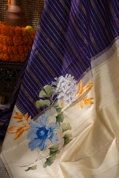 Kanchipuram Silk Brocade Dark Blue Saree With Applique Work