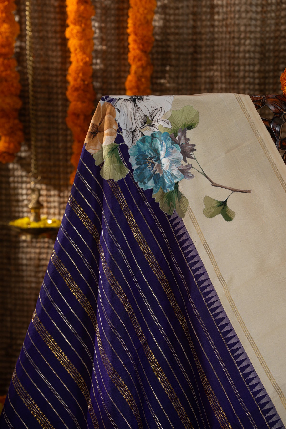 Kanchipuram Silk Brocade Dark Blue Saree With Applique Work