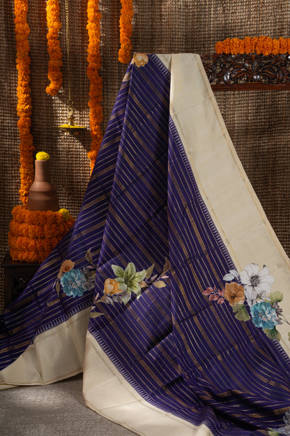 Kanchipuram Silk Brocade Dark Blue Saree With Applique Work