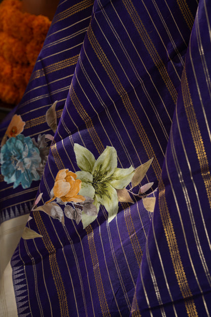 Kanchipuram Silk Brocade Dark Blue Saree With Applique Work