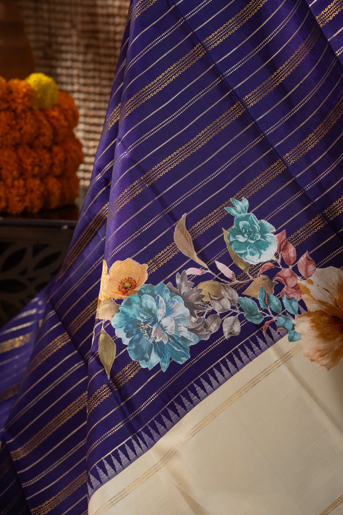 Kanchipuram Silk Brocade Dark Blue Saree With Applique Work