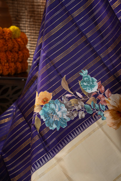 Kanchipuram Silk Brocade Dark Blue Saree With Applique Work