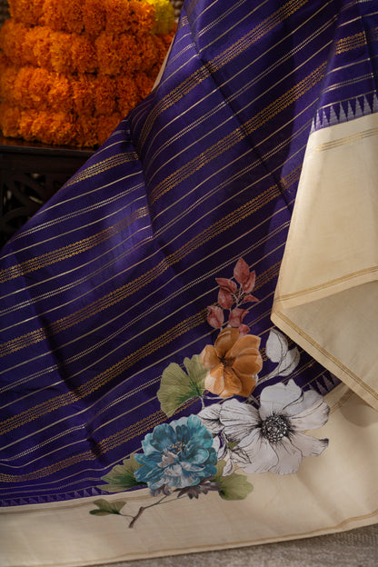 Kanchipuram Silk Brocade Dark Blue Saree With Applique Work