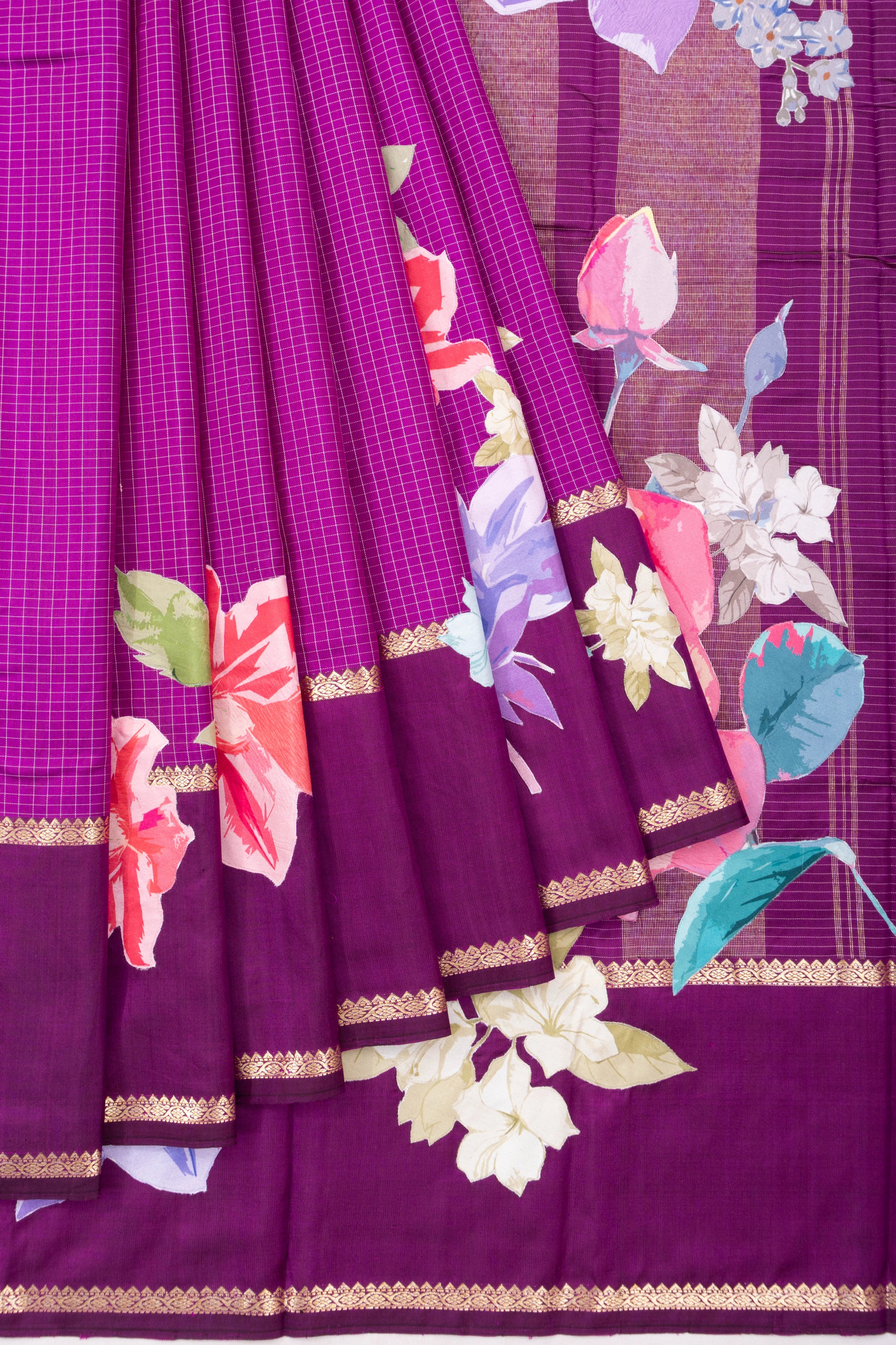 Kanchipuram Silk Checks Violet Saree With Applique Work