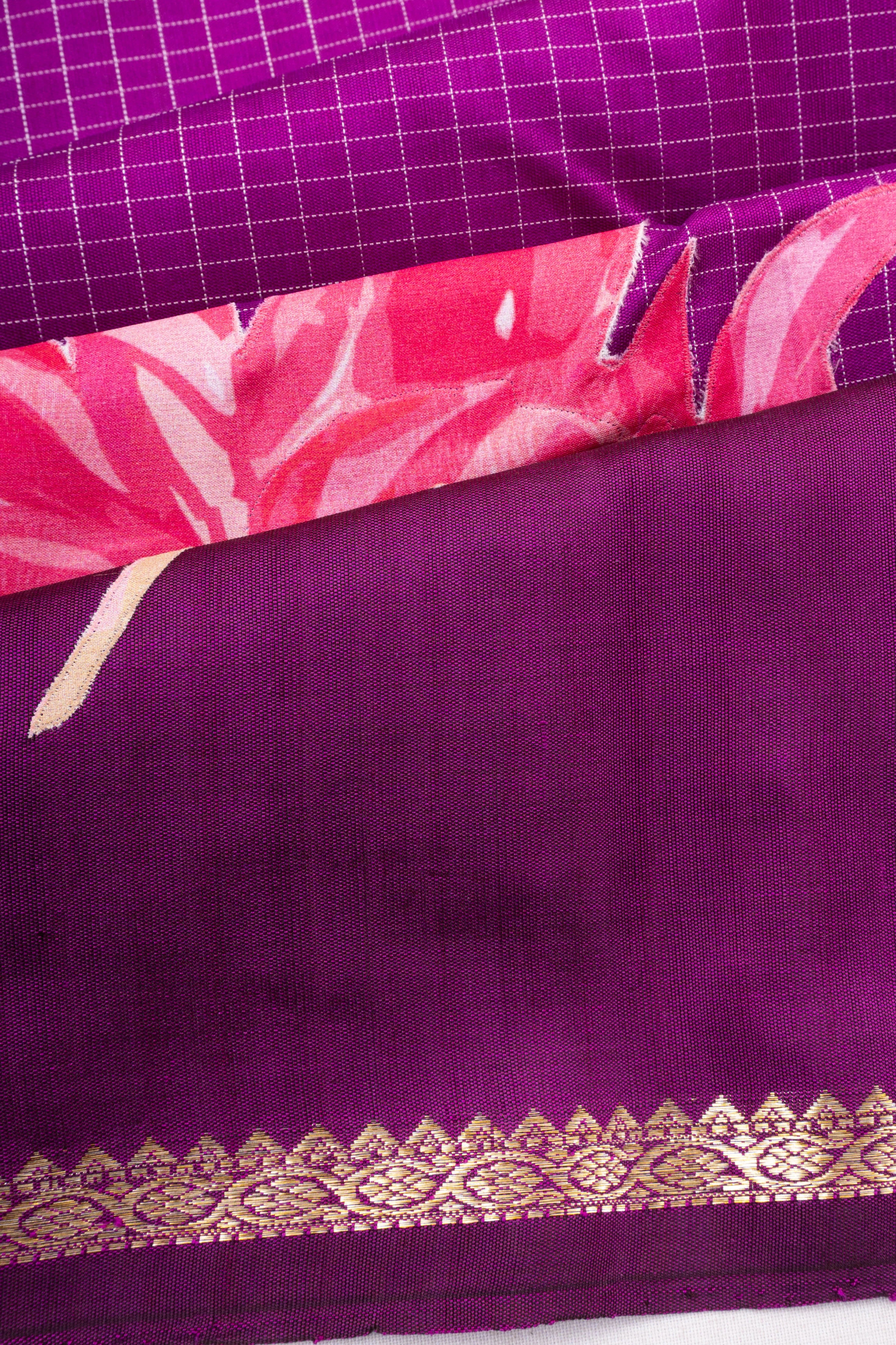 Kanchipuram Silk Checks Violet Saree With Applique Work