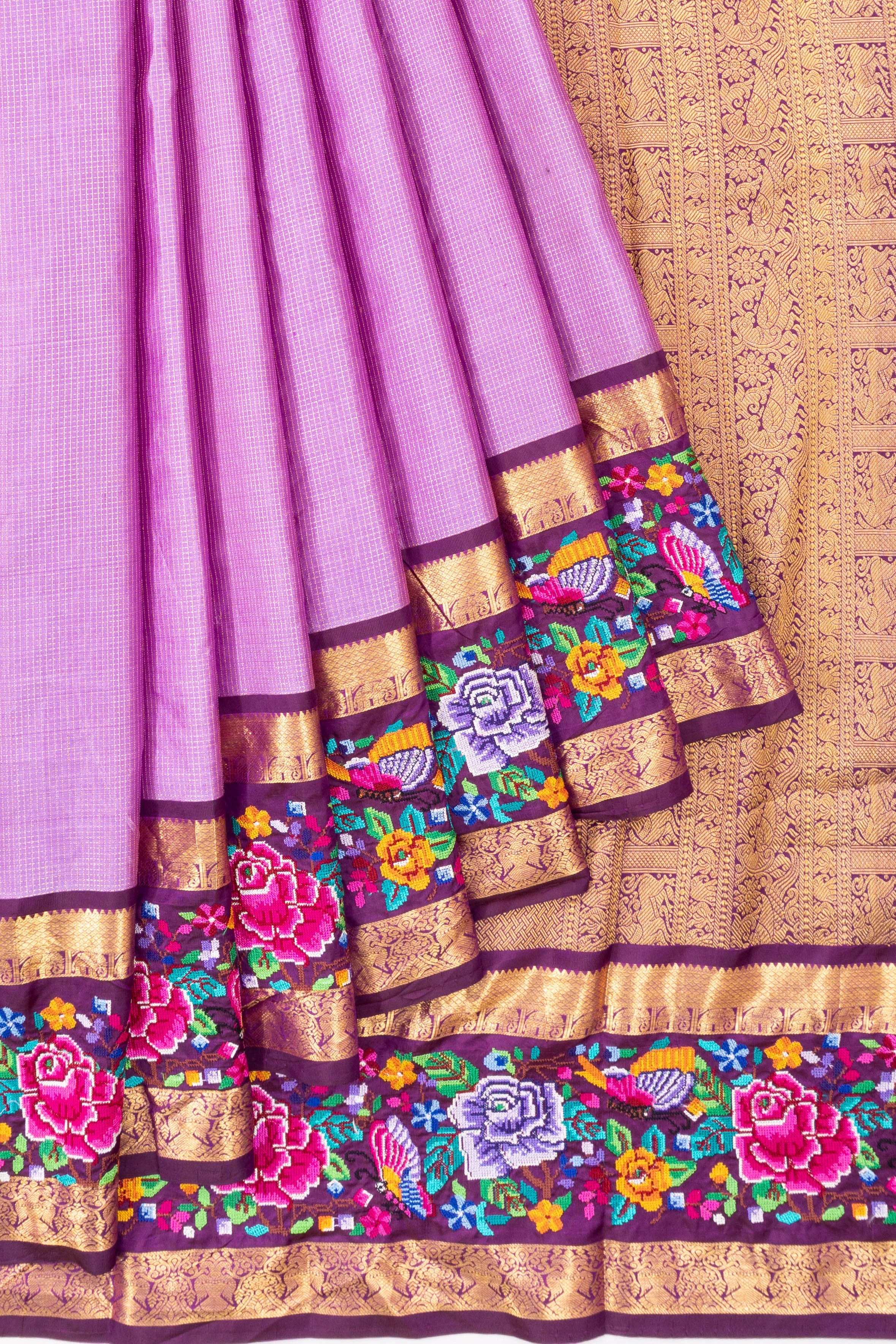 Kanchipuram Silk Checks Lavender Saree With Embroidery Rettai Pettu Border