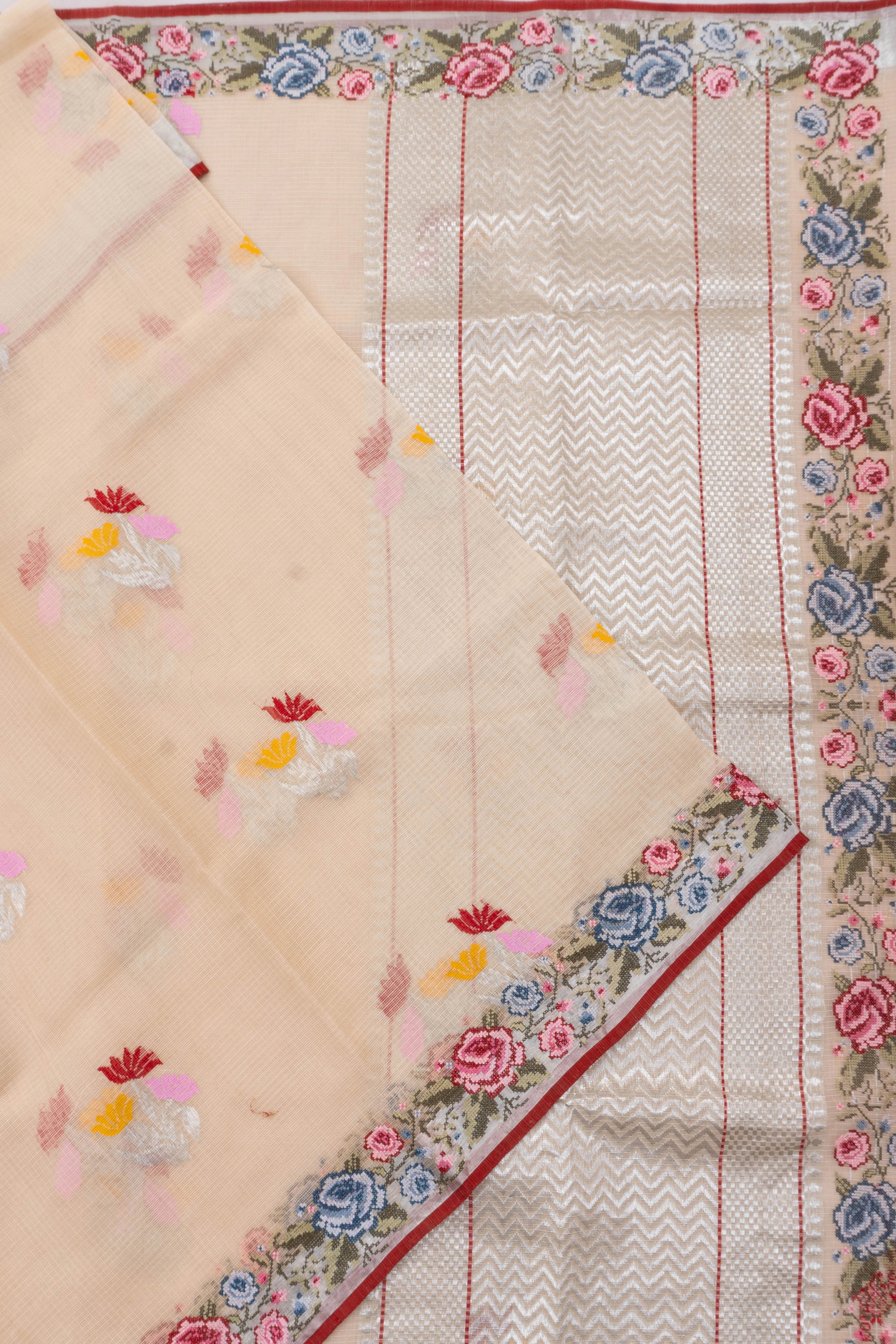 Zari Kota Cotton Butta Peach Saree With Embroidery Border
