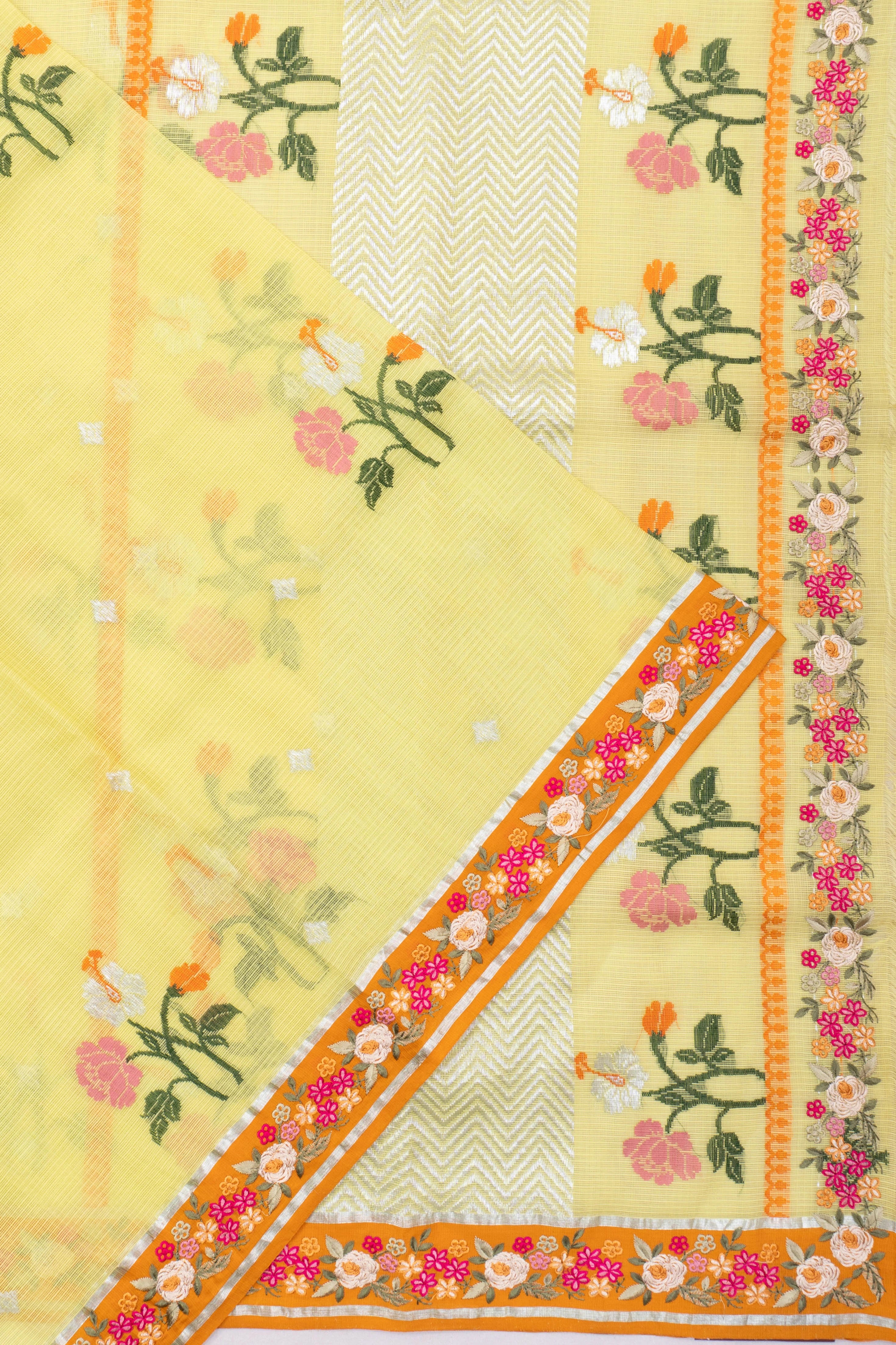 Zari Kota Cotton Butta Yellow Saree With Embroidery Border