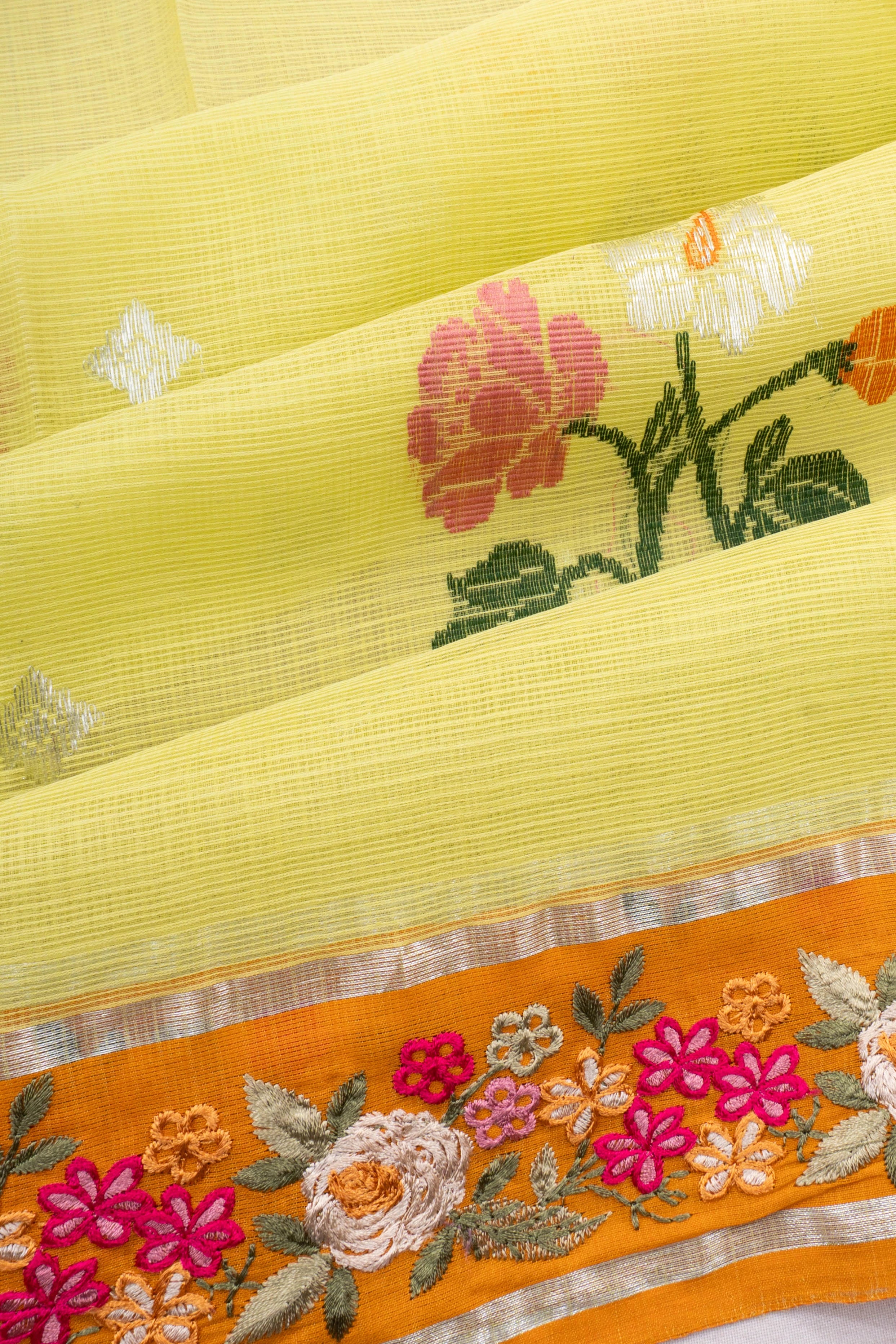 Zari Kota Cotton Butta Yellow Saree With Embroidery Border