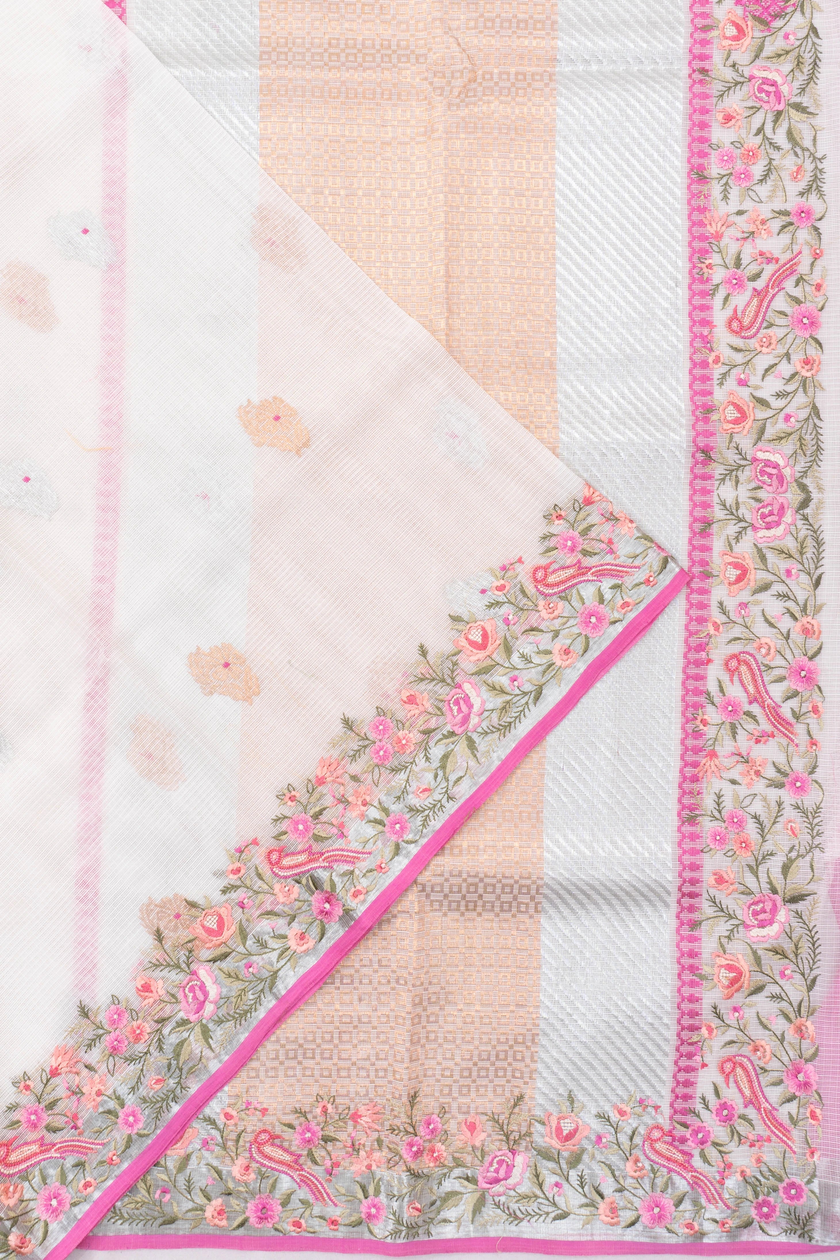 Zari Kota Cotton Butta White Saree With Embroidery Border