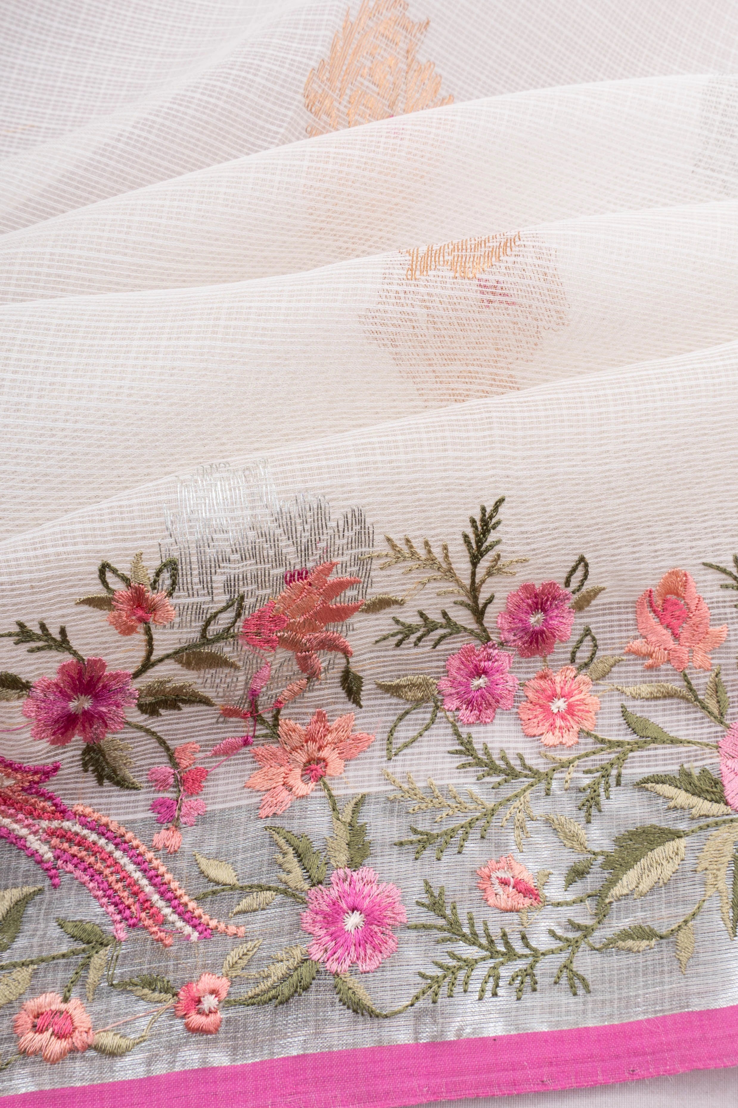 Zari Kota Cotton Butta White Saree With Embroidery Border