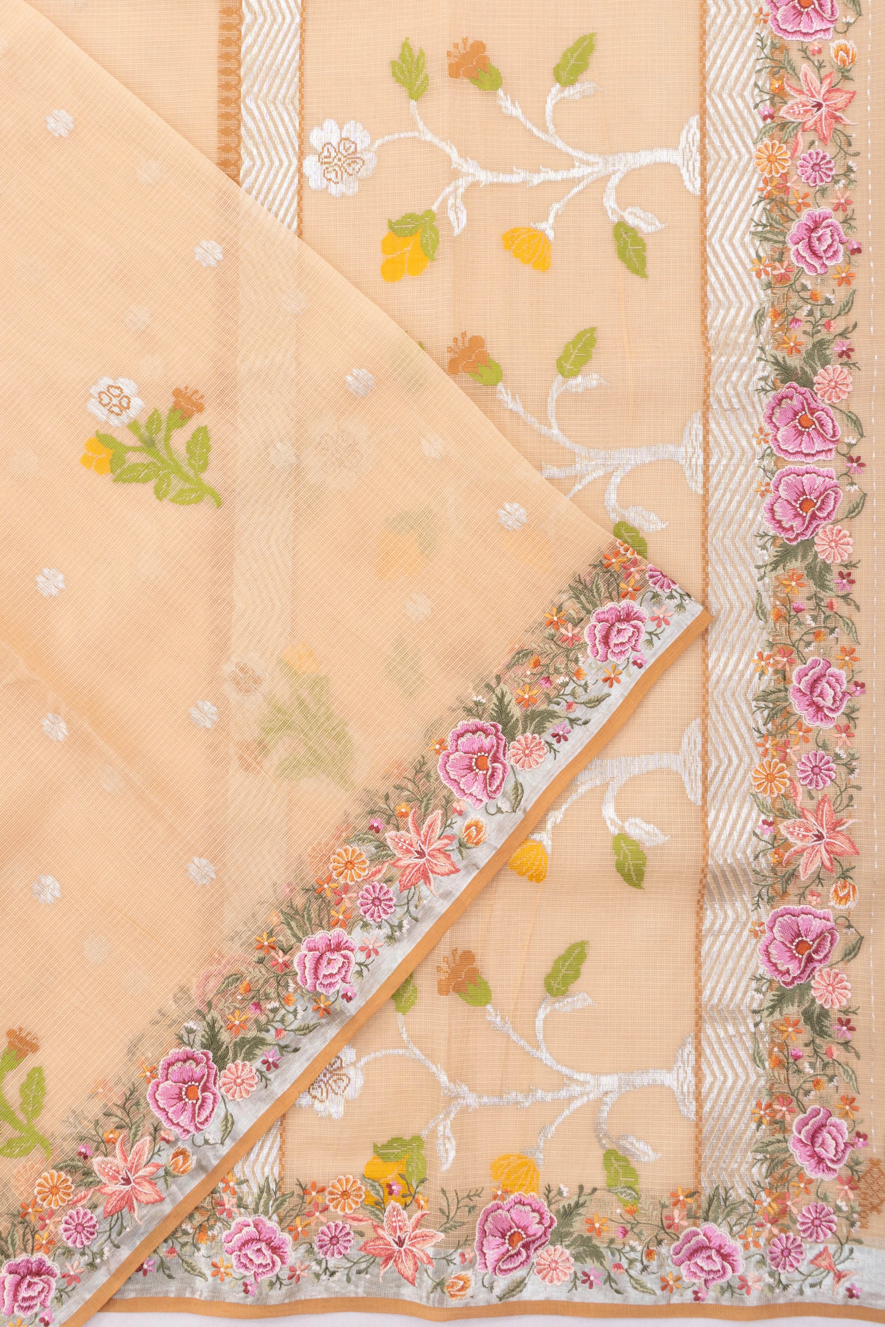 Zari Kota Cotton Butta Peach Saree With Embroidery Border