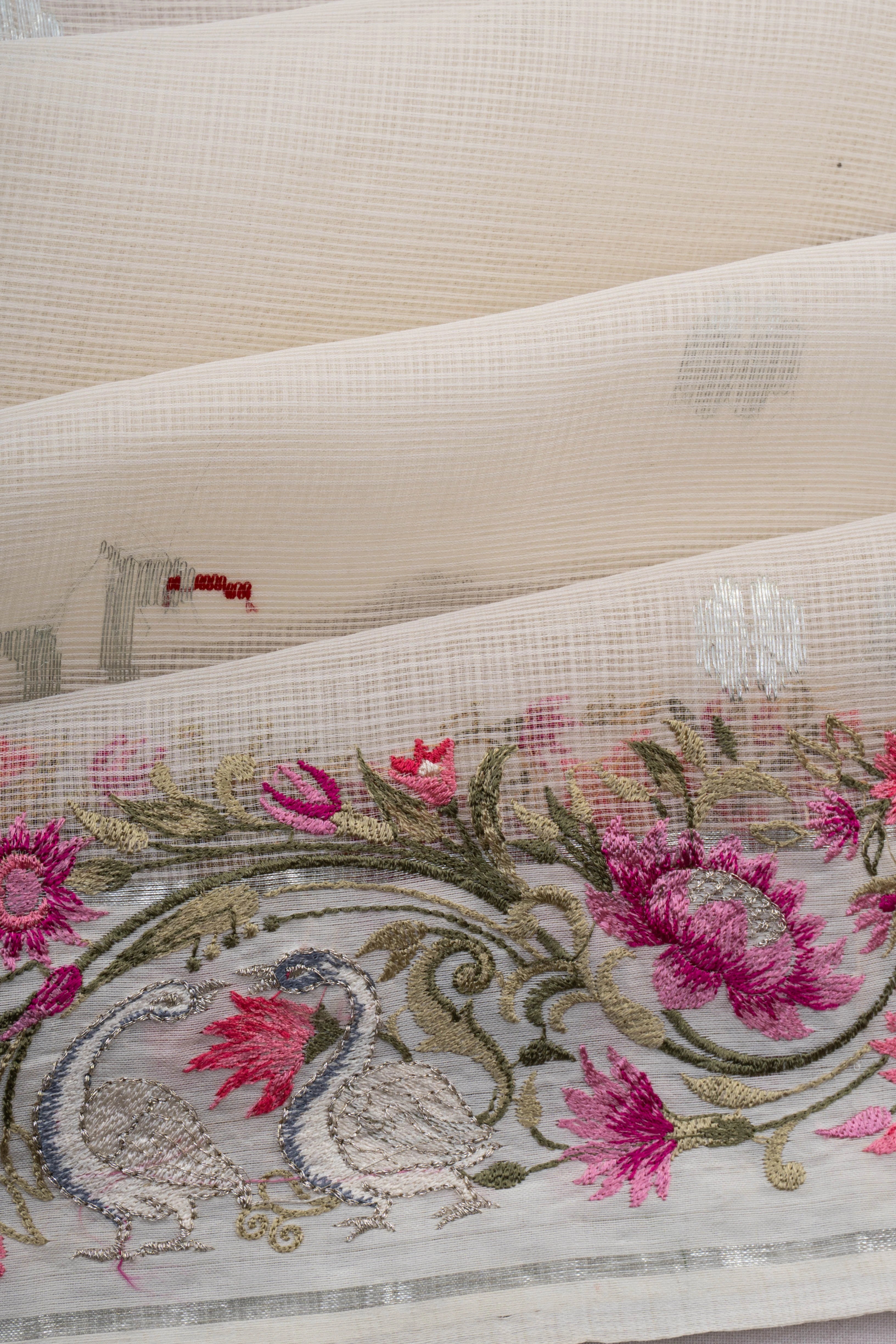 Zari Kota Cotton Butta Off White Saree With Embroidery Border